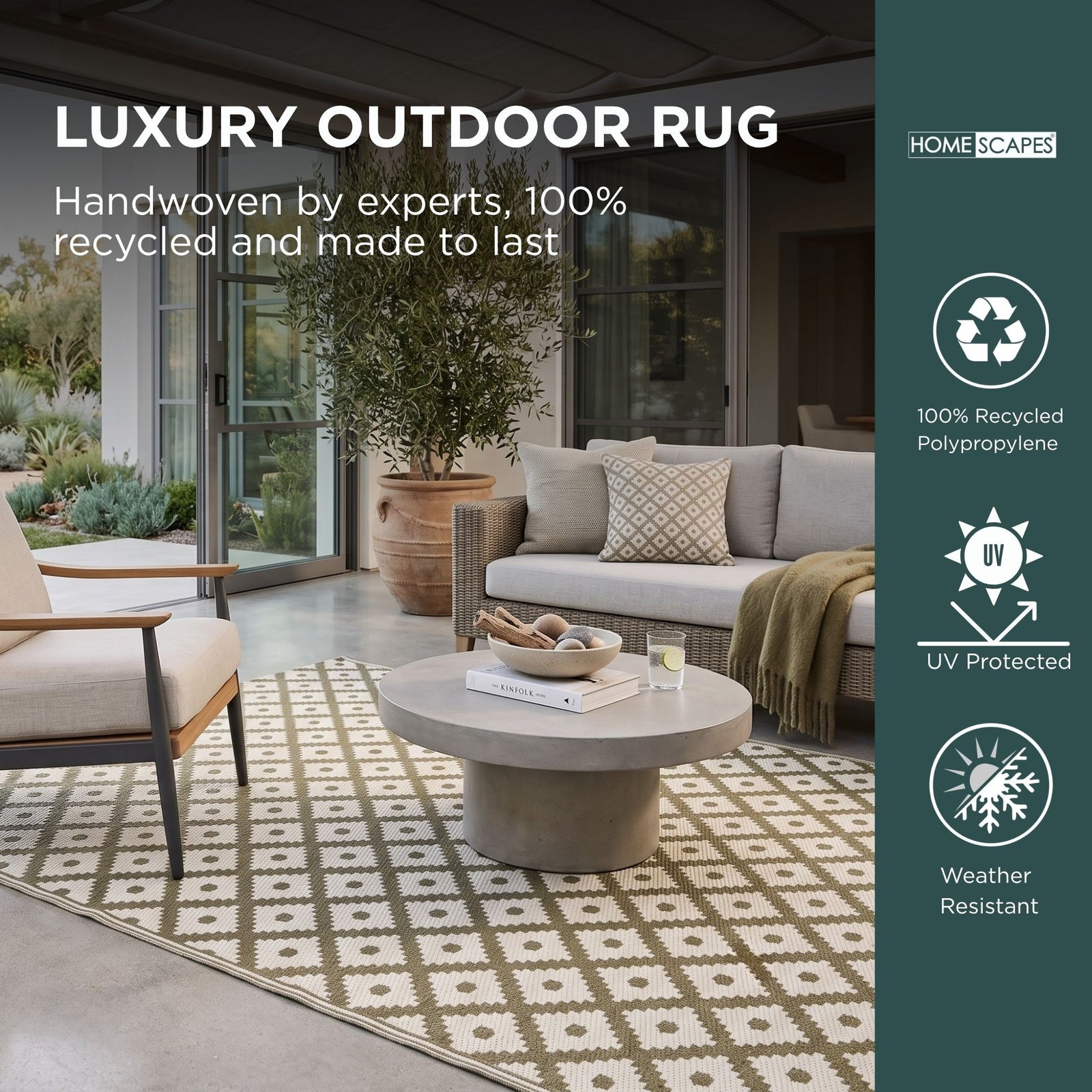 Luxury Outdoor Rug Waterproof Reversible For Garden Patio 100% Recycled, Green May Geometric | 120cm x 180cm | Olive