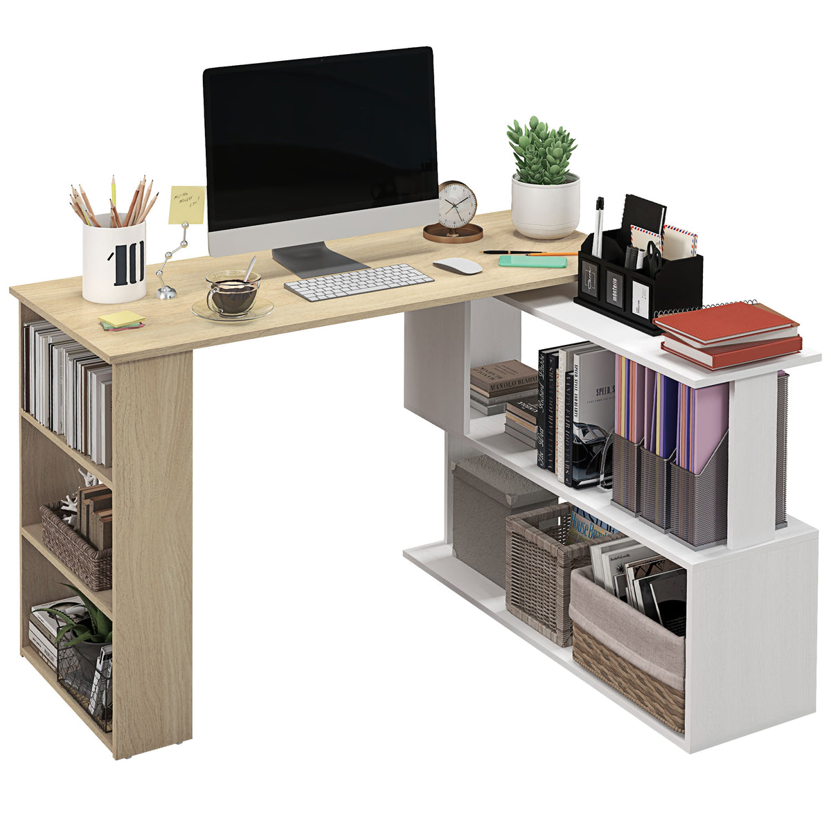HOMCOM Corner Desk With Rotating Design And Bookshelf