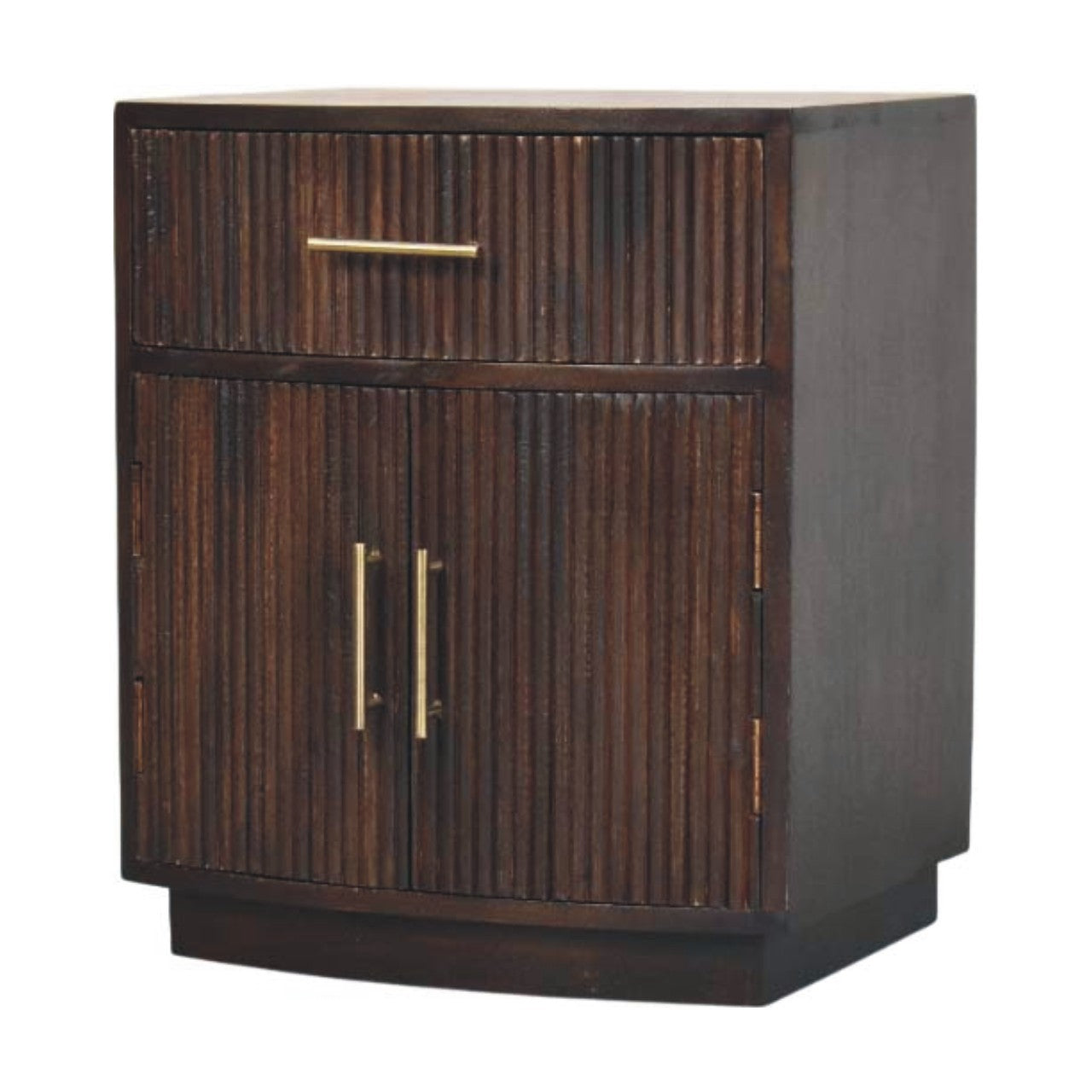 Milan Solid Mango Wood Bedside Table – Velvet Mocha Finish With Brass Accents