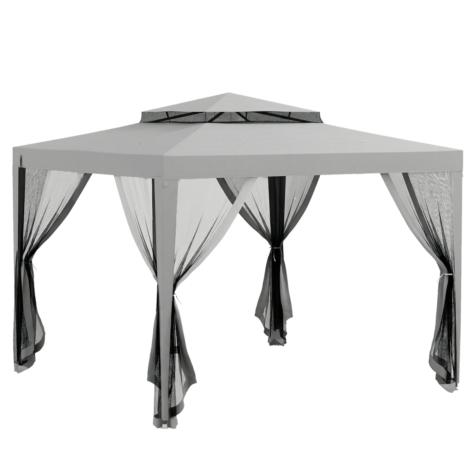 3 X 3 M Gazebo, Netting Party Tent W/ Double Tier Roof | Light Grey