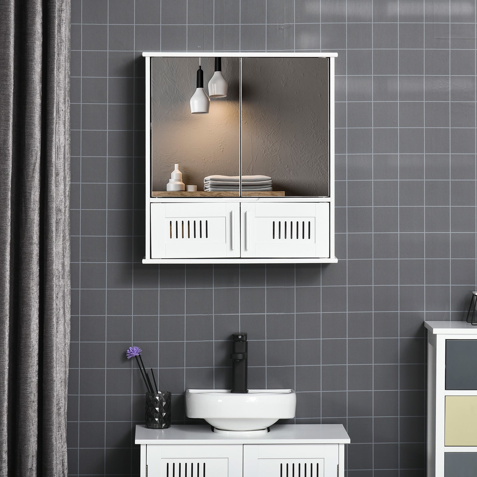 Bathroom Mirror Cabinet Wall Mount Storage Unit Double Doors | One Size | White