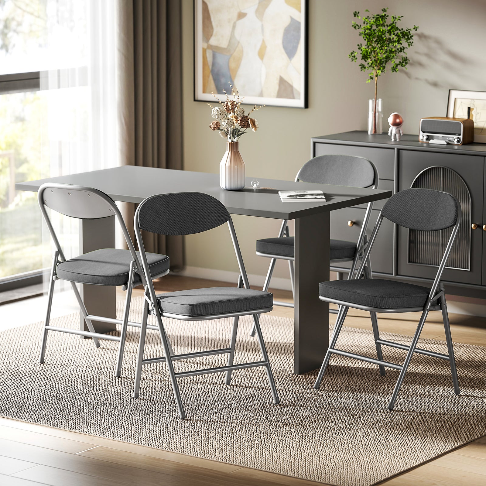 Folding Chairs Set Of 4 With Cushioned Seat, Steel Frame, Dark Grey | Dark Grey