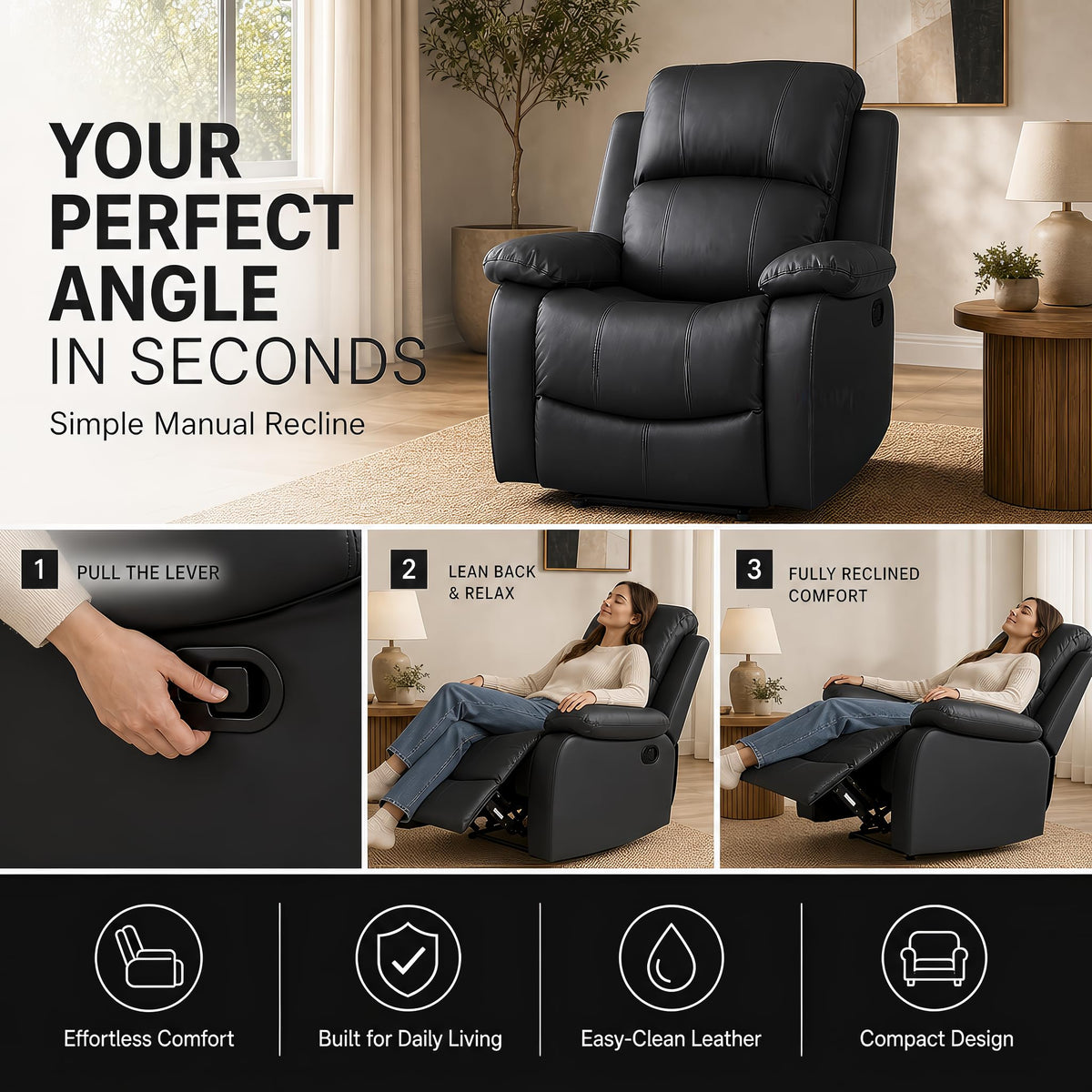 Manual Recliner Sofa 1 Seater Faux Leather | Black