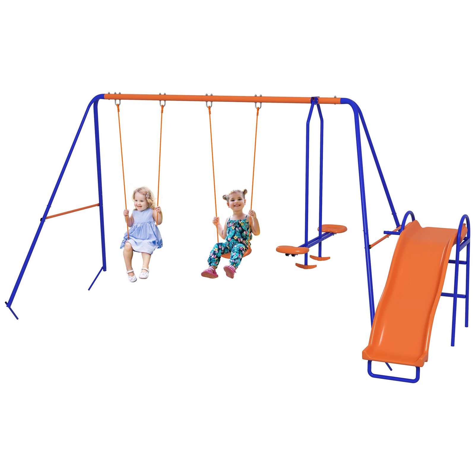 4 In 1 Metal Kids Swing Set W/ Double Swings, Glider, Slide, Ladder