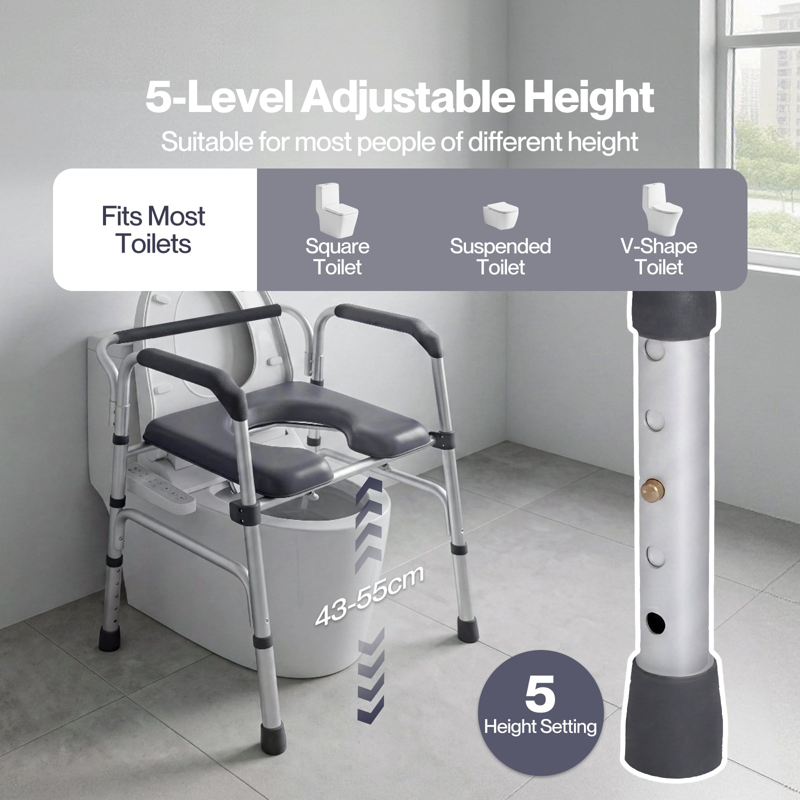 3 In 1 Commode Chair Folding Shower Chair Toilet Seat Riser Adjustable | Grey
