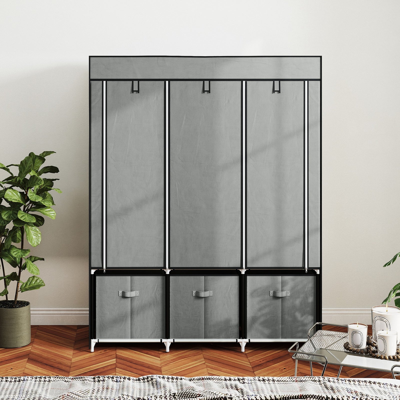 Portable Wardrobe W/ 5 Shelves 3 Fabric Drawers And 2 Hanging Rails