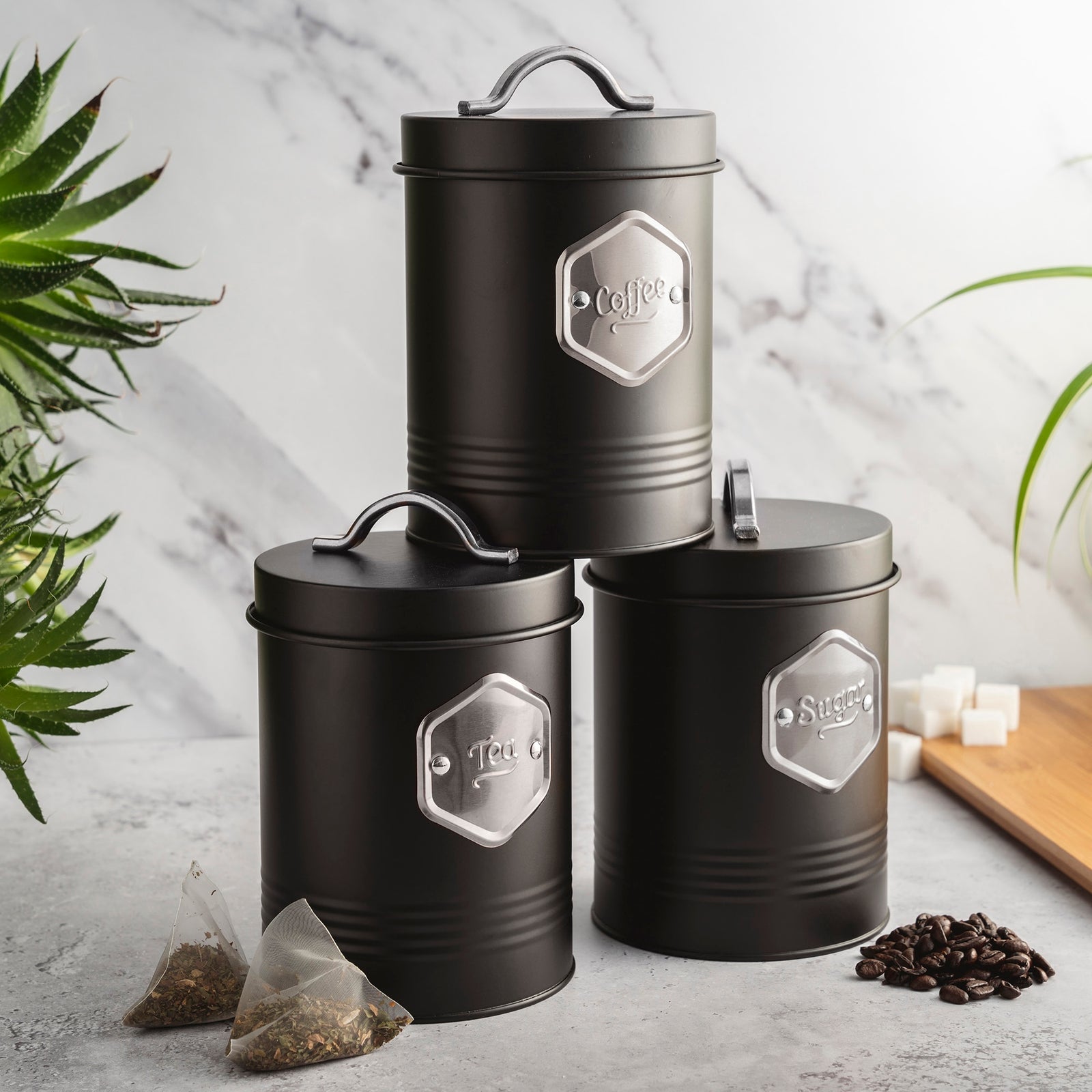 Tea Coffee & Sugar Canisters Bin Jar Storage 3pc Black/silver | Black