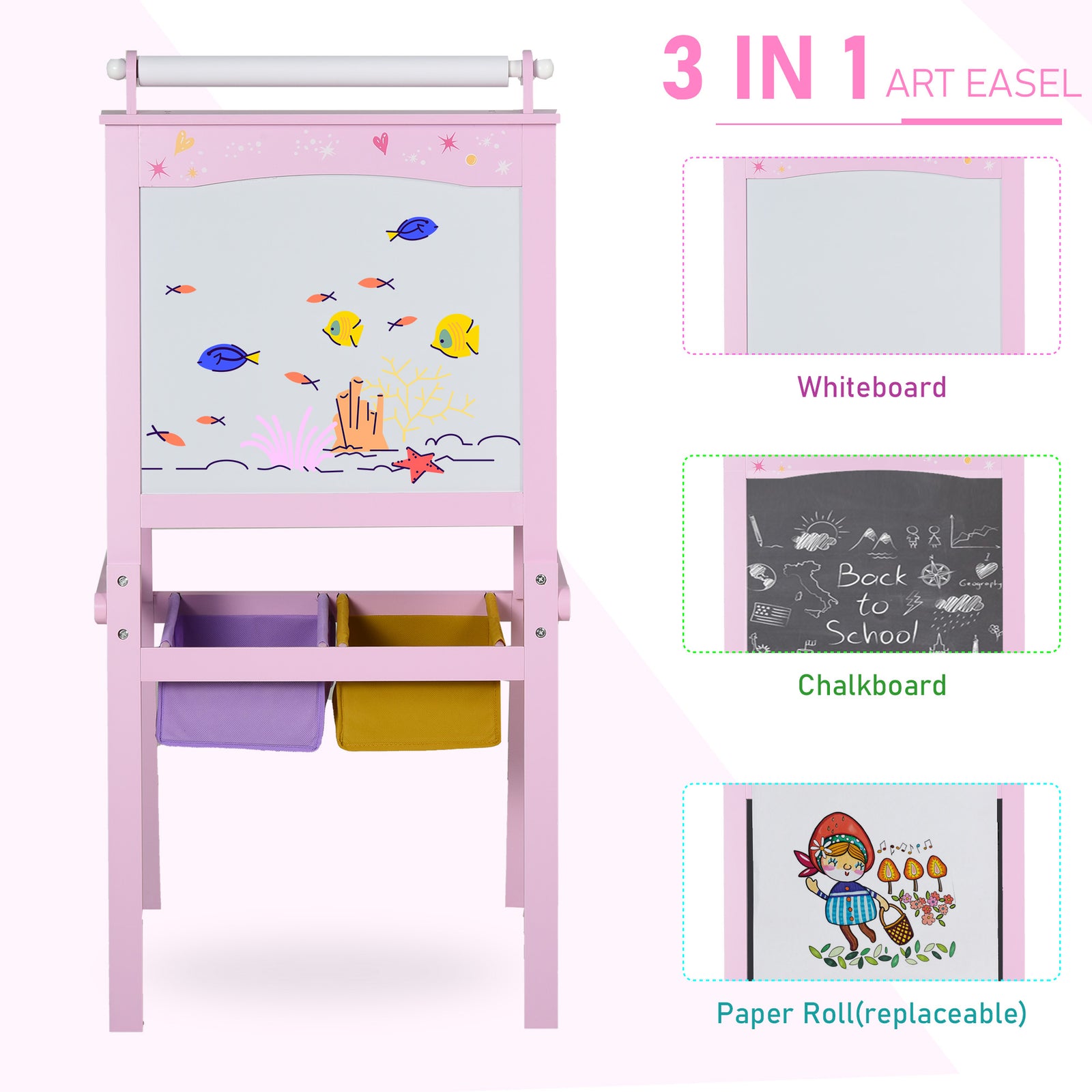 Kids Wooden Art Easel With Paper Roll Double-sided Chalkboard, Whiteboard