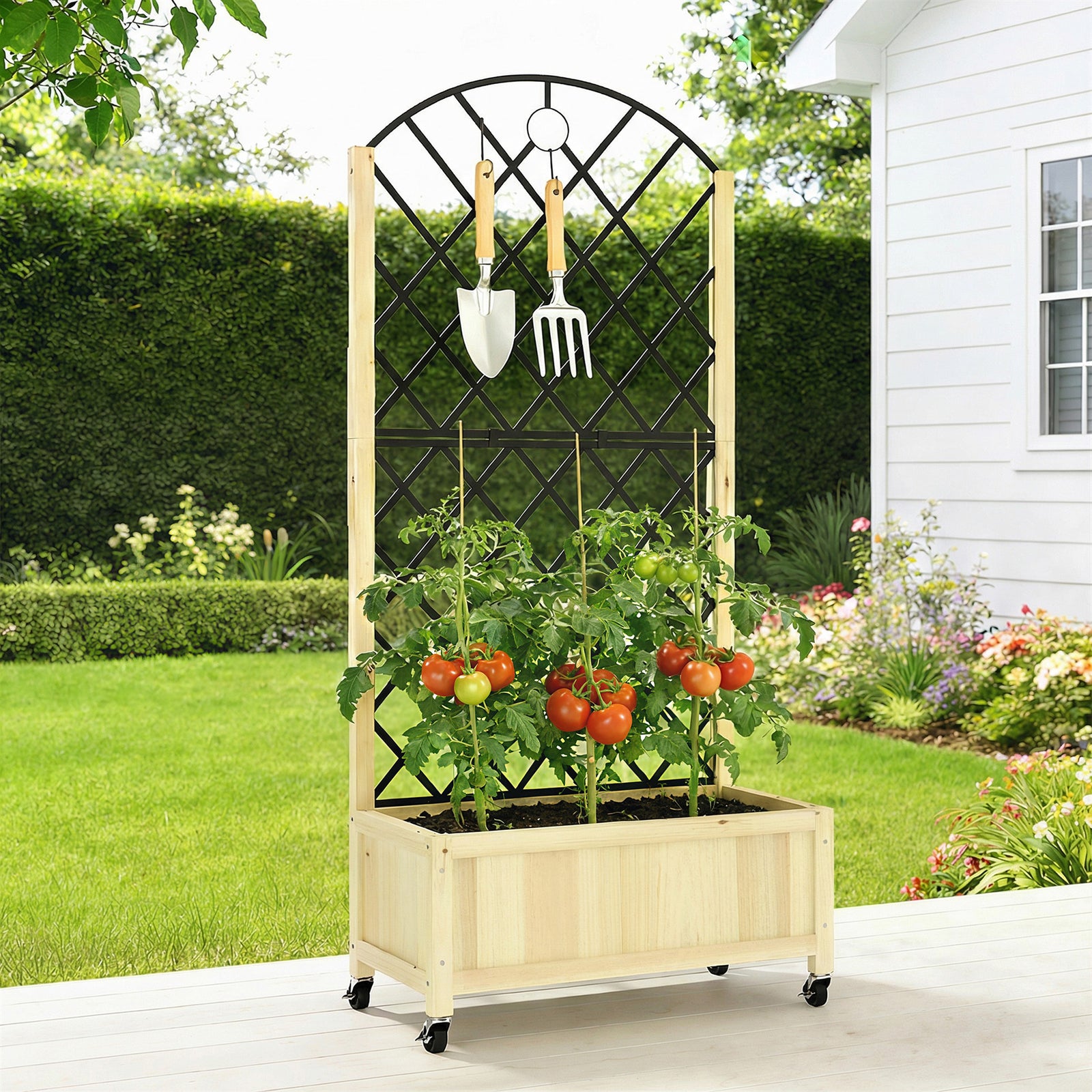Garden Bed W/metal Trellis, Wooden Elevated Planter Box | Light Brown