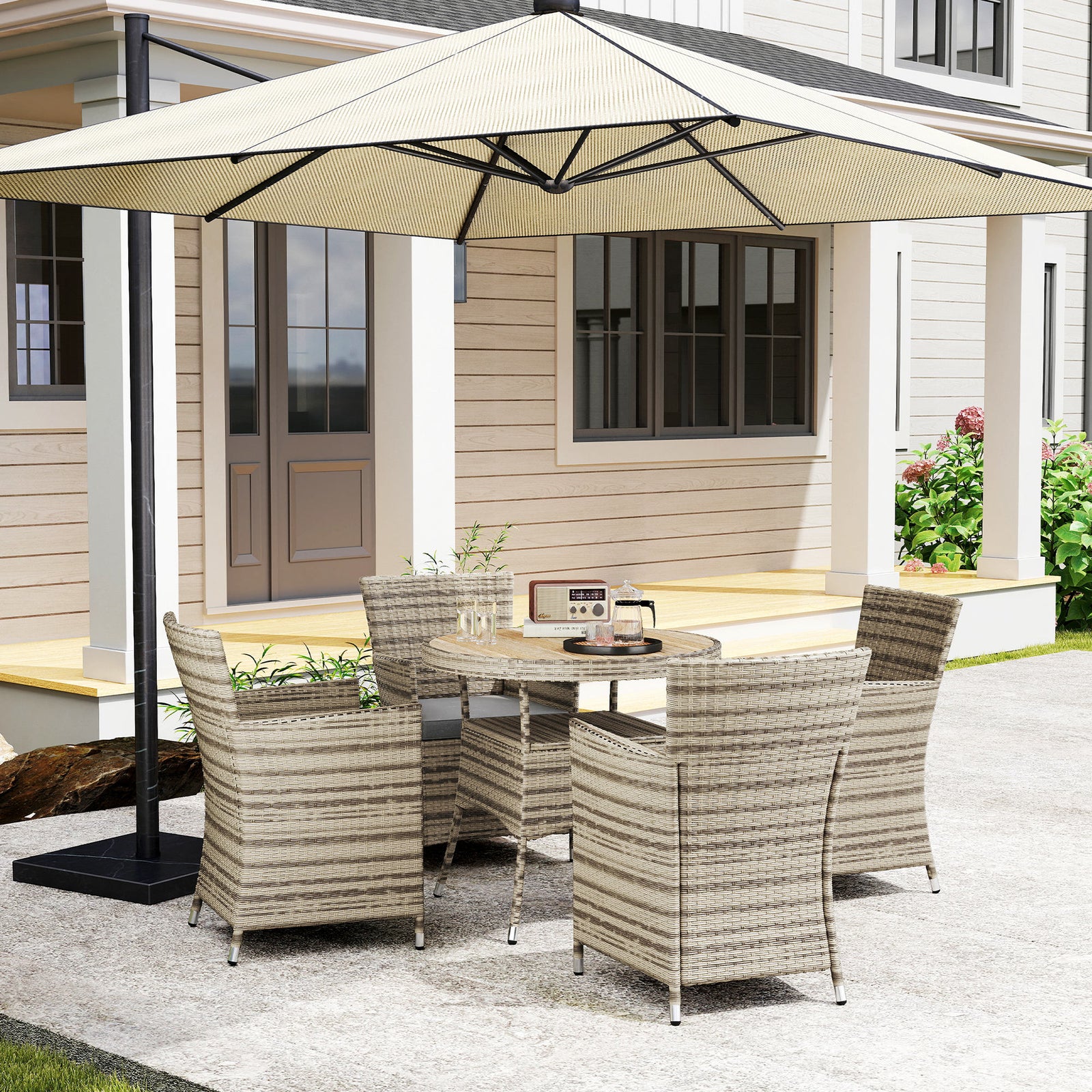 4 Seater Garden Dining Set, Double Layer Table, Grey