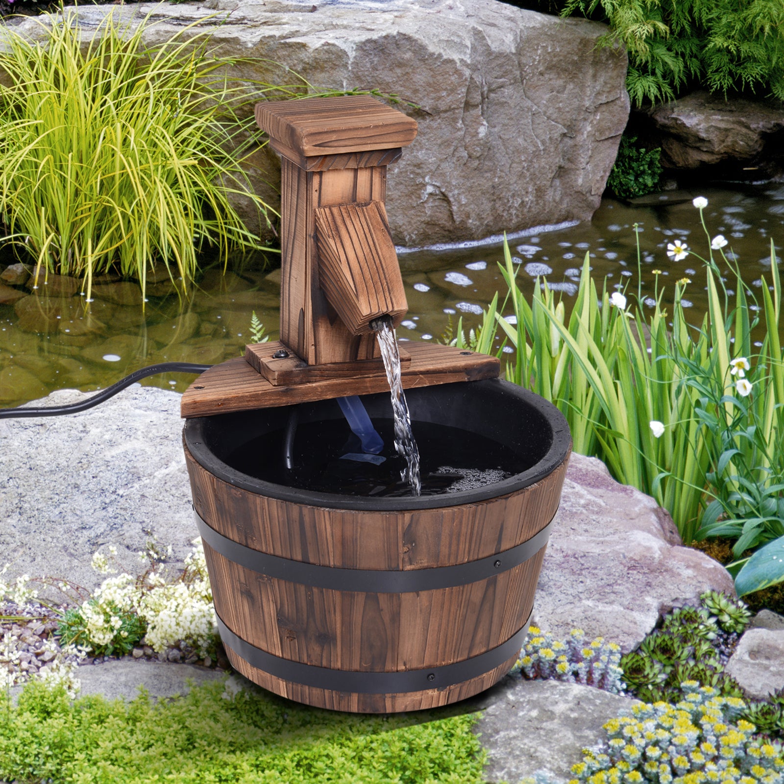 Wood Barrel Patio Water Fountain With Electric Pump