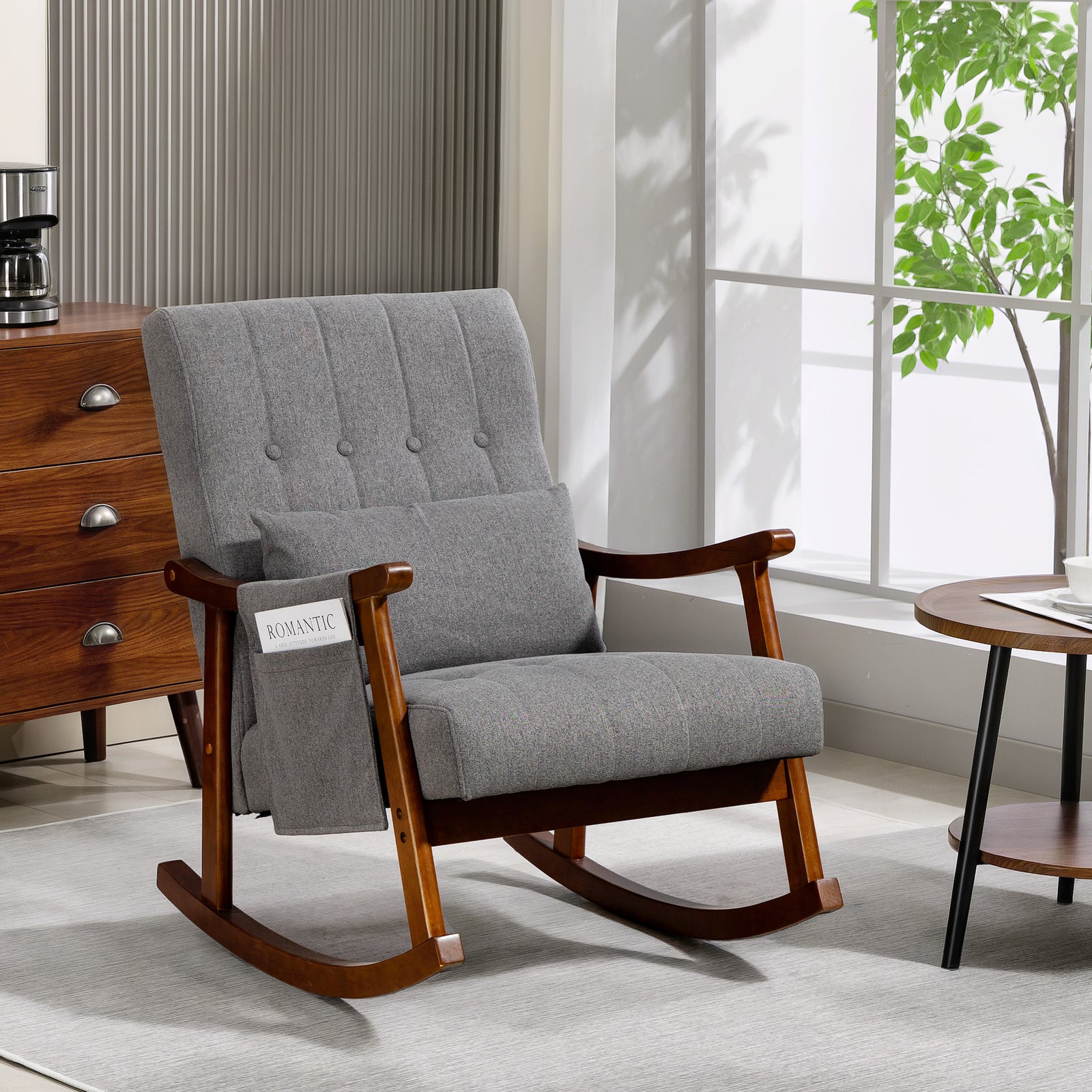 Modern High Back Rocking Chair With Solid Wood Legs | Grey