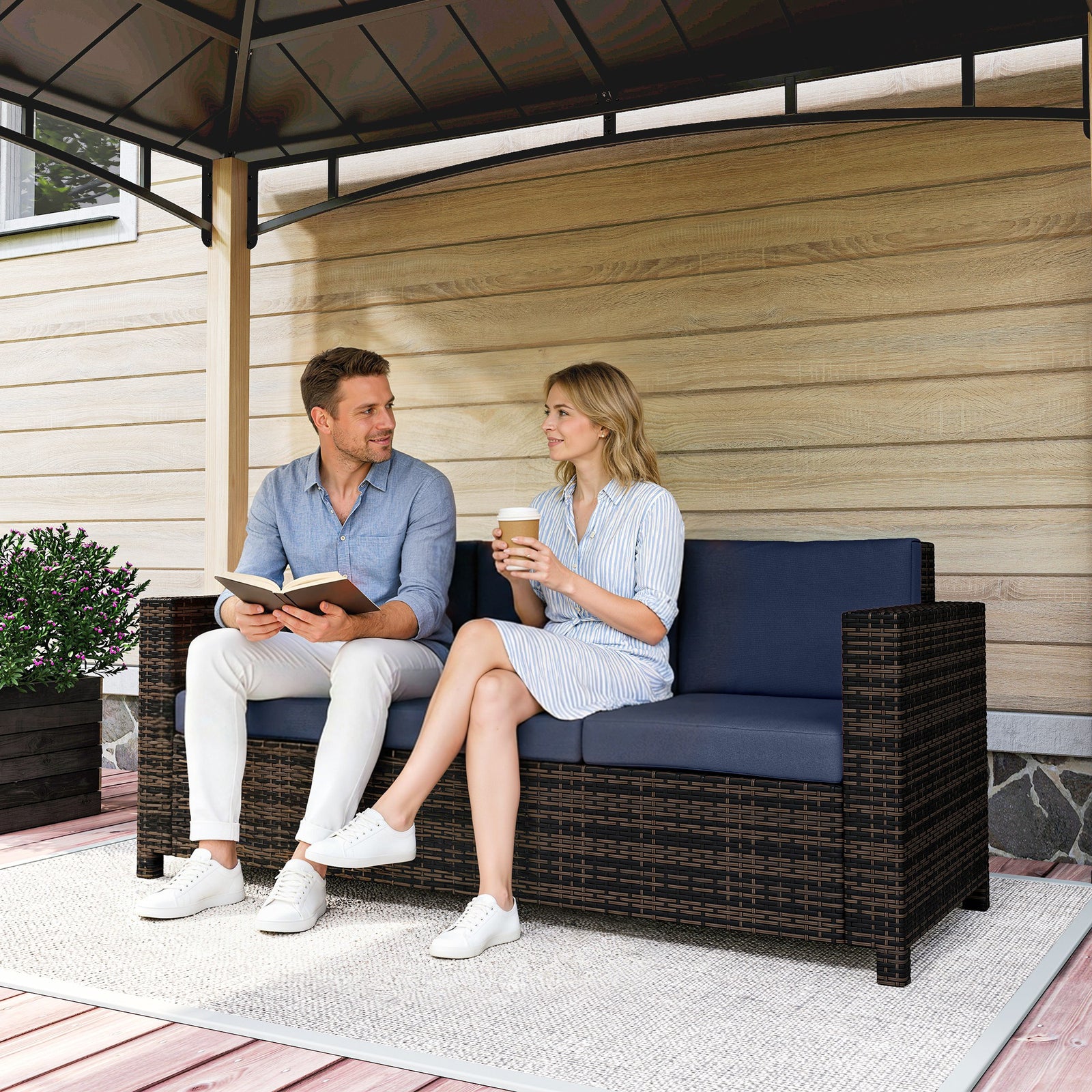 Rattan Wicker 3-seater Sofa Chair Patio Furniture | Blue