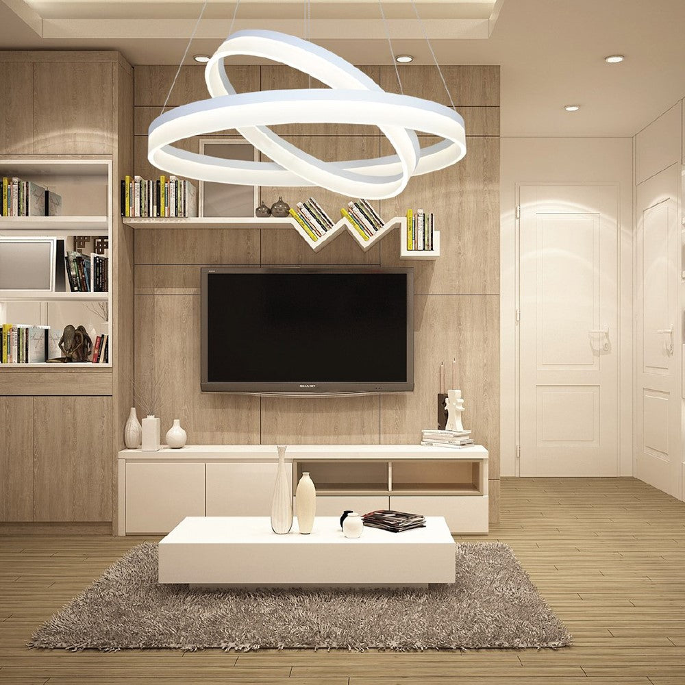Ring Led Designer Pendant Lamp A Stunning Centrepiece Formed From 2 White Circular Led Hoops With Remote Control Included