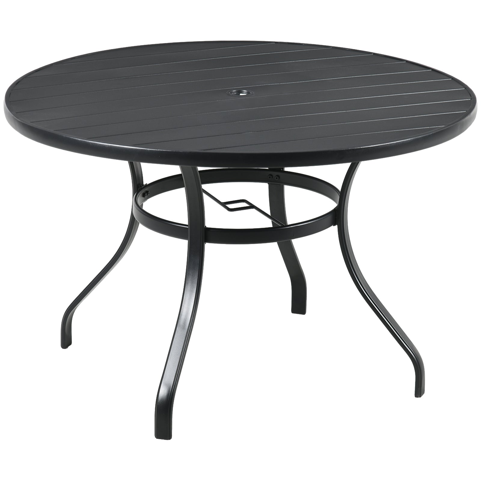 Garden Table W/ Parasol Hole, Round Slatted Metal Top, Black