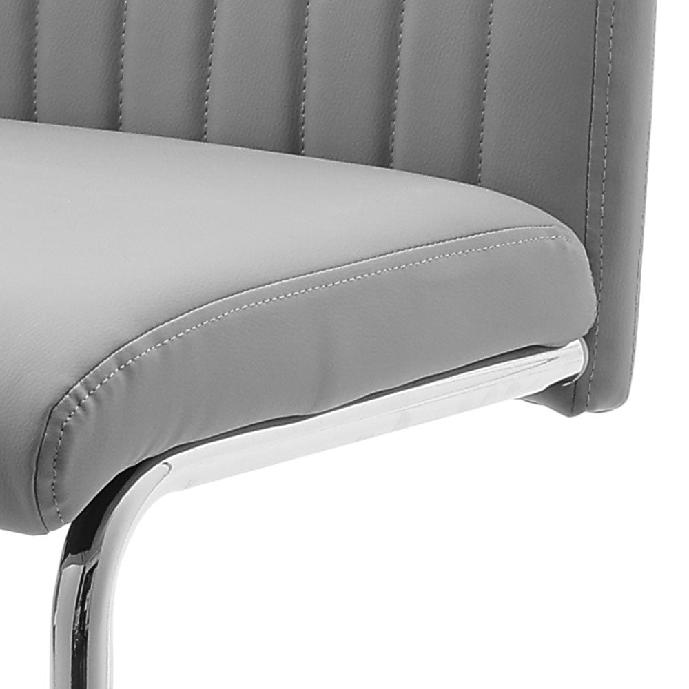 Set Of 2 Grey Pu Leather Bar Stools – Mid Back Counter Chairs With Channel Backrest & Metal Legs | Grey