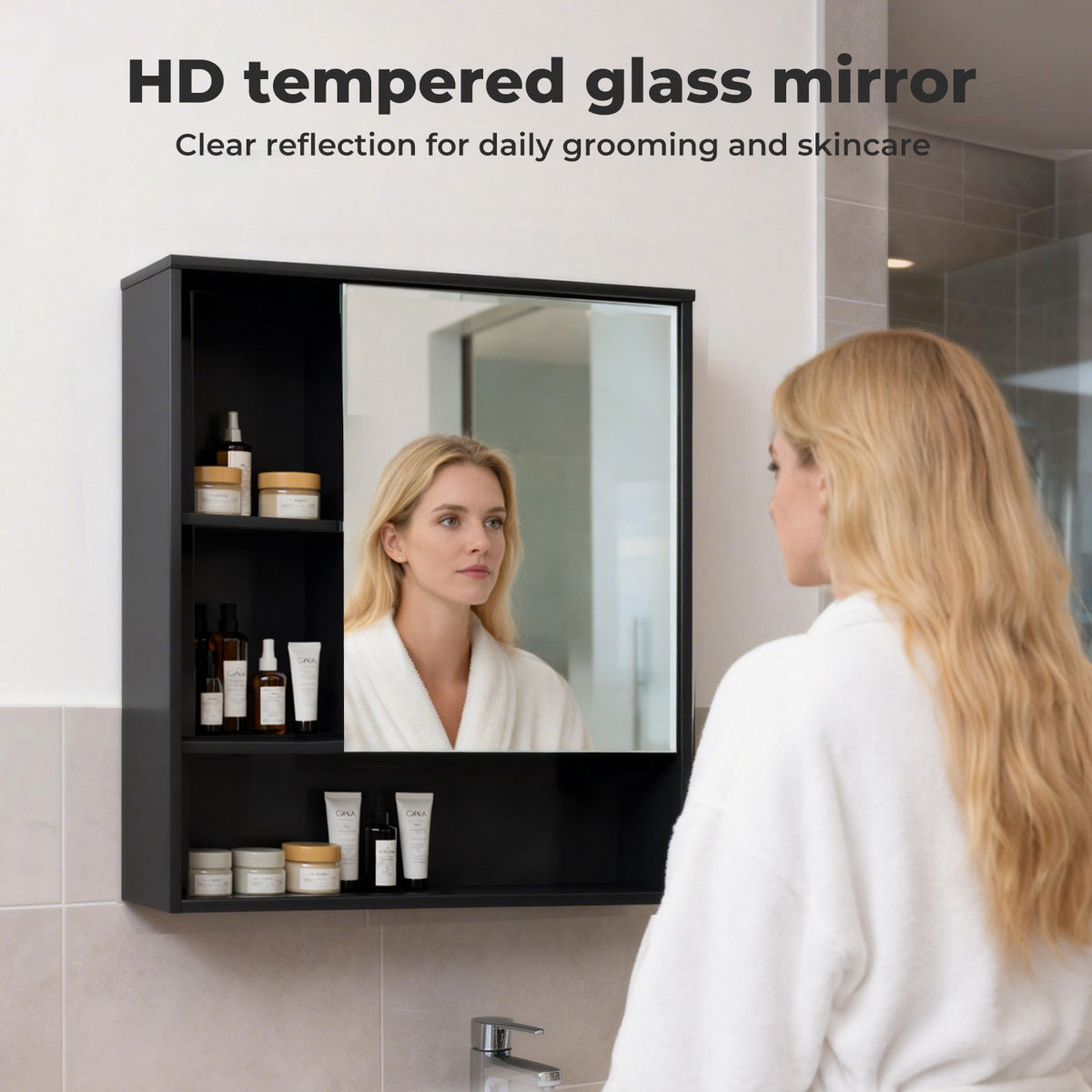 Bathroom Mirror Cabinet Wall Mounted Storage Cupboard Black Open Shelf | Black