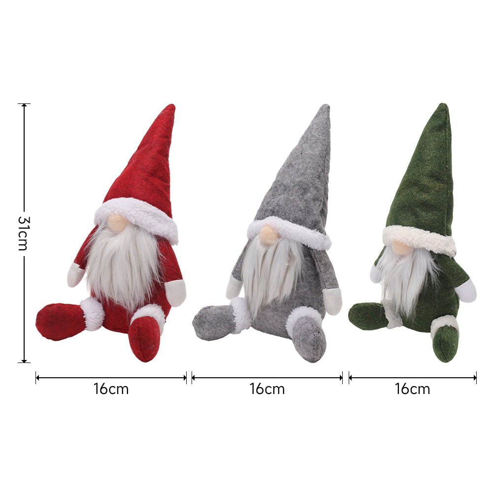 3pcs Christmas Gnome Decorations – Sitting Plush Dolls In Red, Green & Gray, Festive Holiday Ornaments