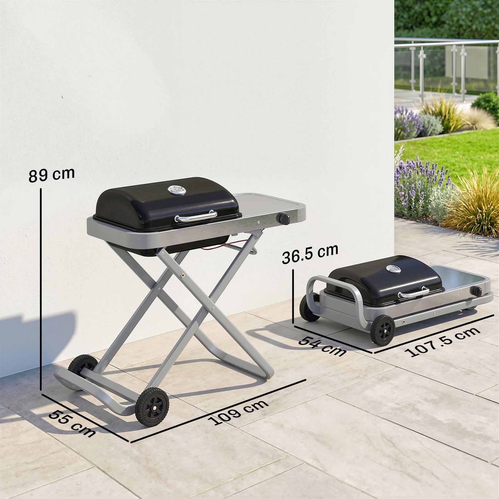 Outsunny Foldable Gas Bbq Barbecue Grill With Side Table, 2.5 Kw, Black