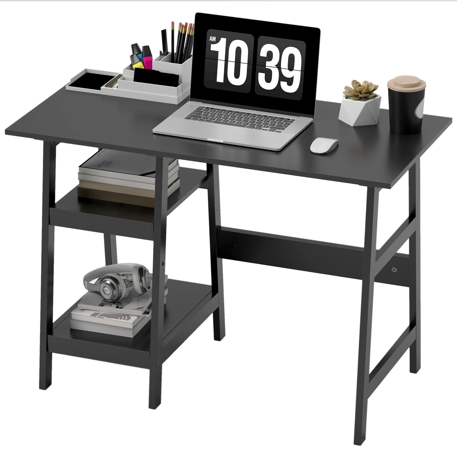 Compact Computer Desk With Storage Shelves For Home Office | Black