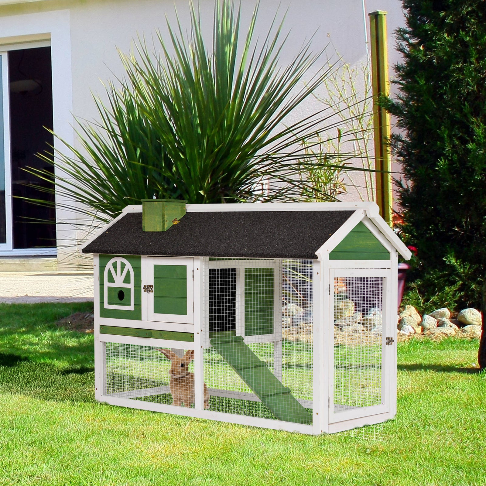 Rabbit Hutch Wood Bunny Cage For Outdoor Indoor W/ Pull Out Tray Ramp | Green