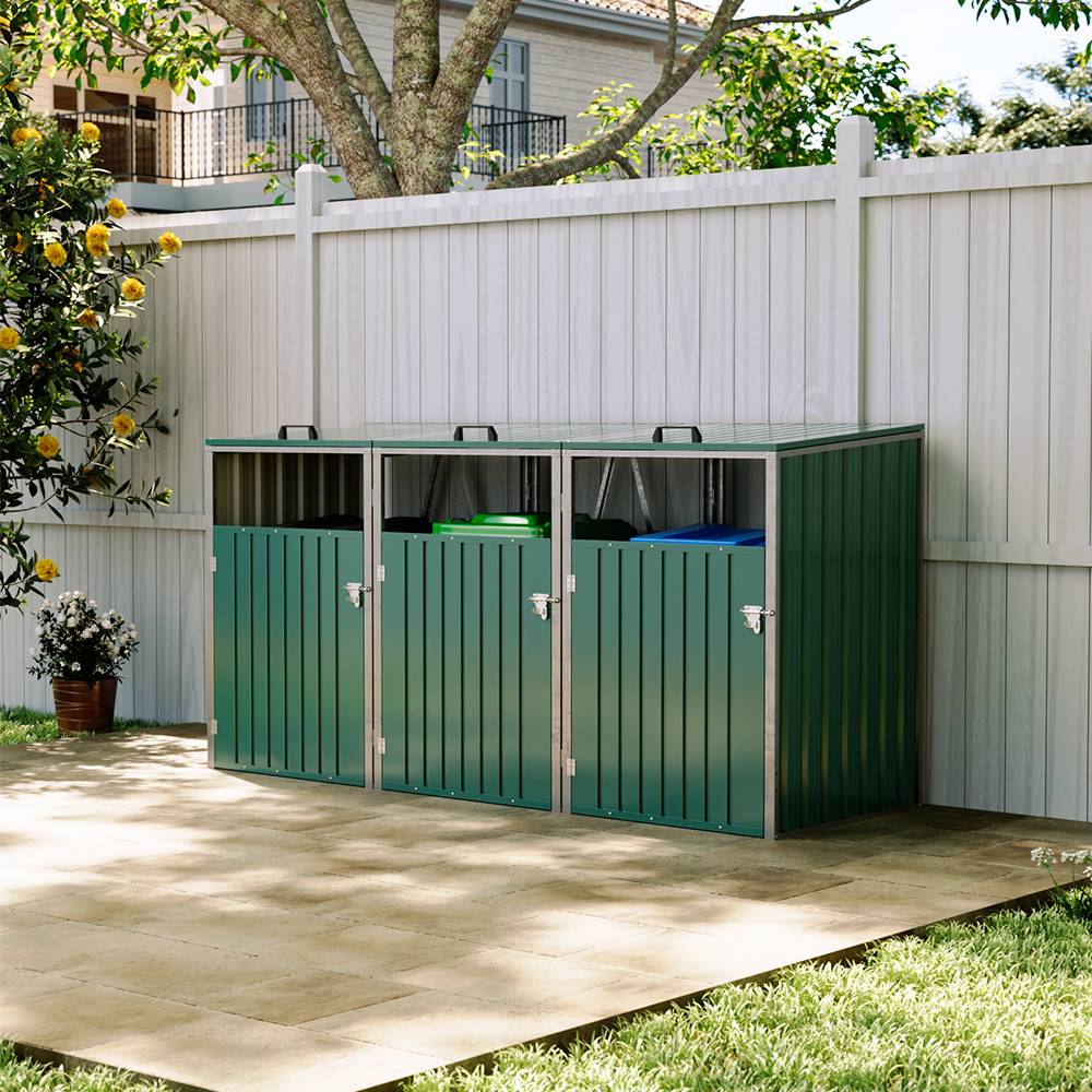 3 Bin Storage Shed – Heavy-duty Galvanized Steel Outdoor Bin Store With Lift-up Lids & Lockable Doors | Green