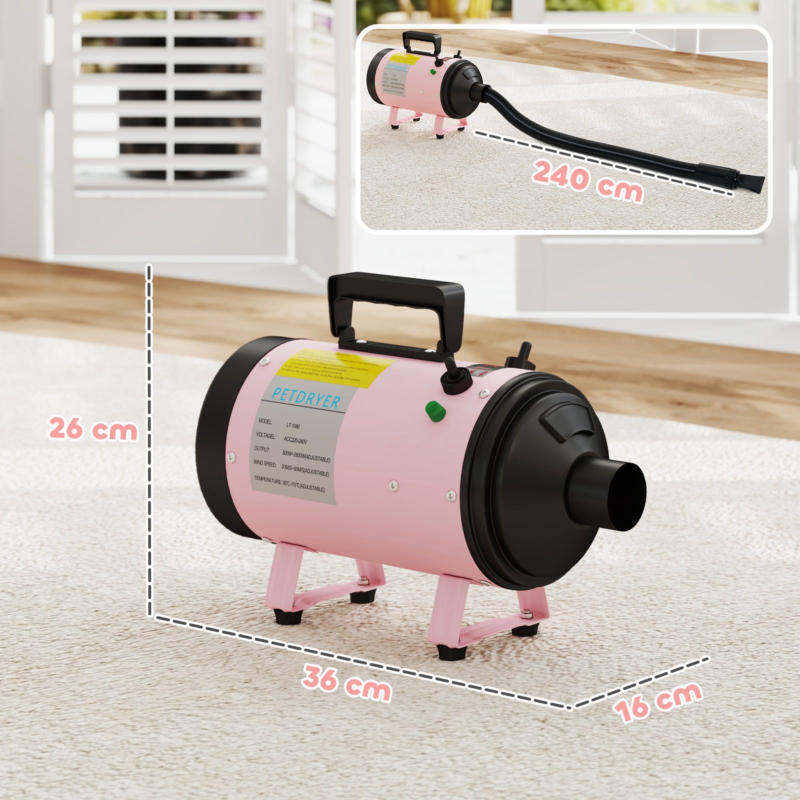 2200w Dog Hair Dryer, Pet Grooming Hair Dryer With 3 Different Nozzles | Pink