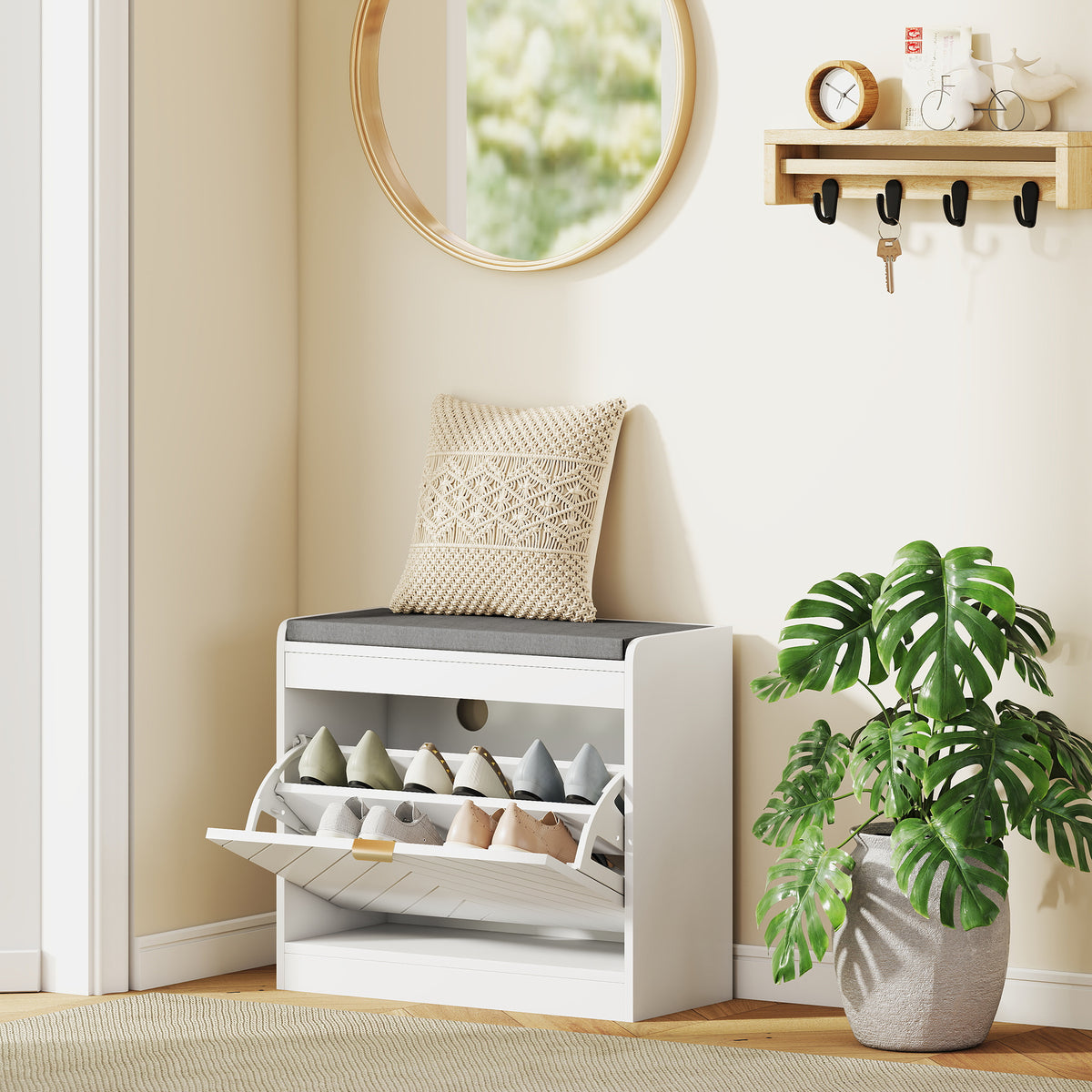 HOMCOM Shoe Bench With 1 Flip Drawer, Cushion, 5 Pairs For Entryway