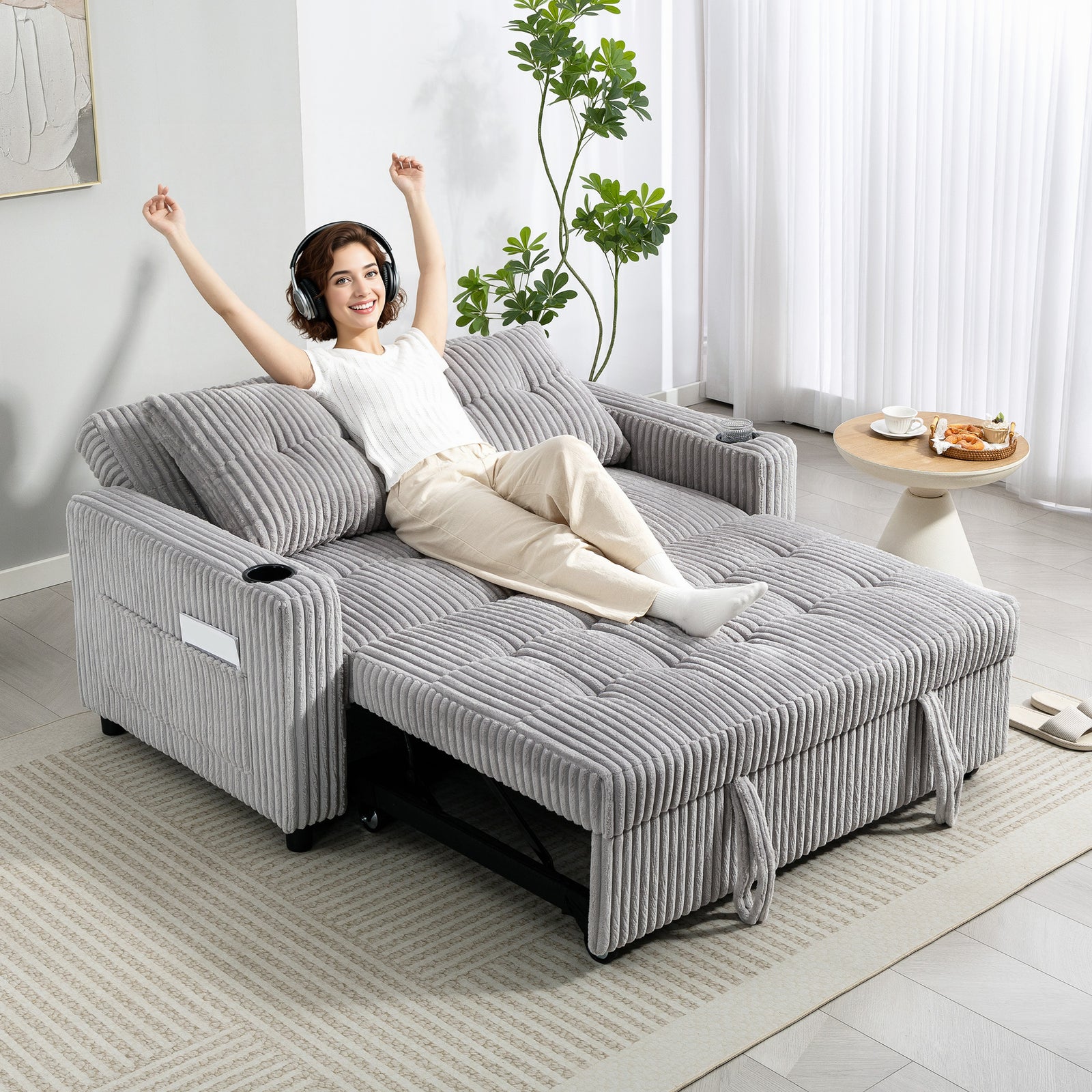 2 Seater Sofa Bed, Click Clack Pull Out Bed Settee | Light Grey