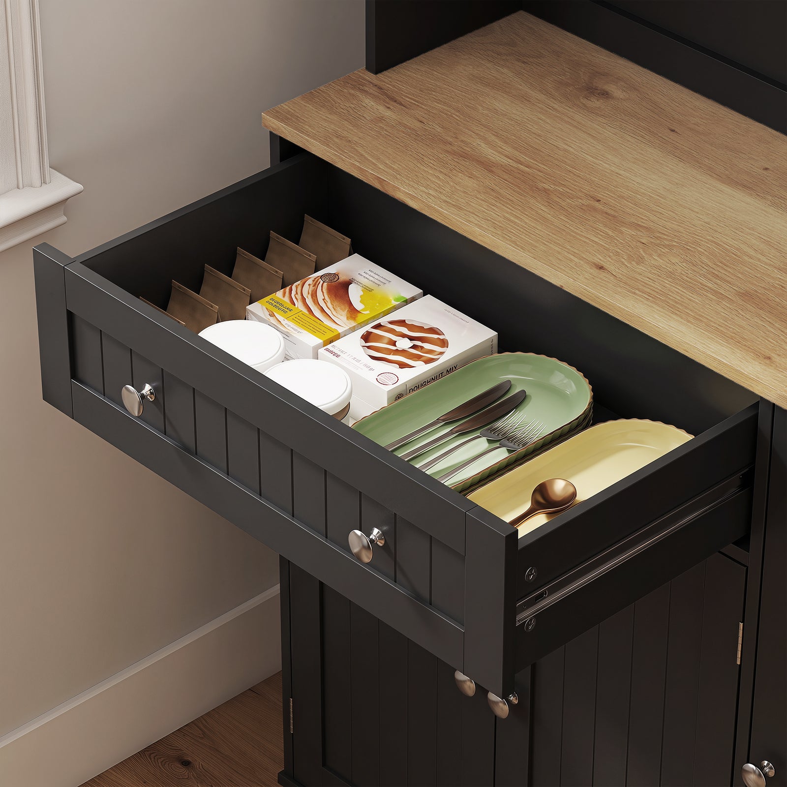 Pantry Storage Cabinet With Adjustable Shelves And 4 Door Racks | Black
