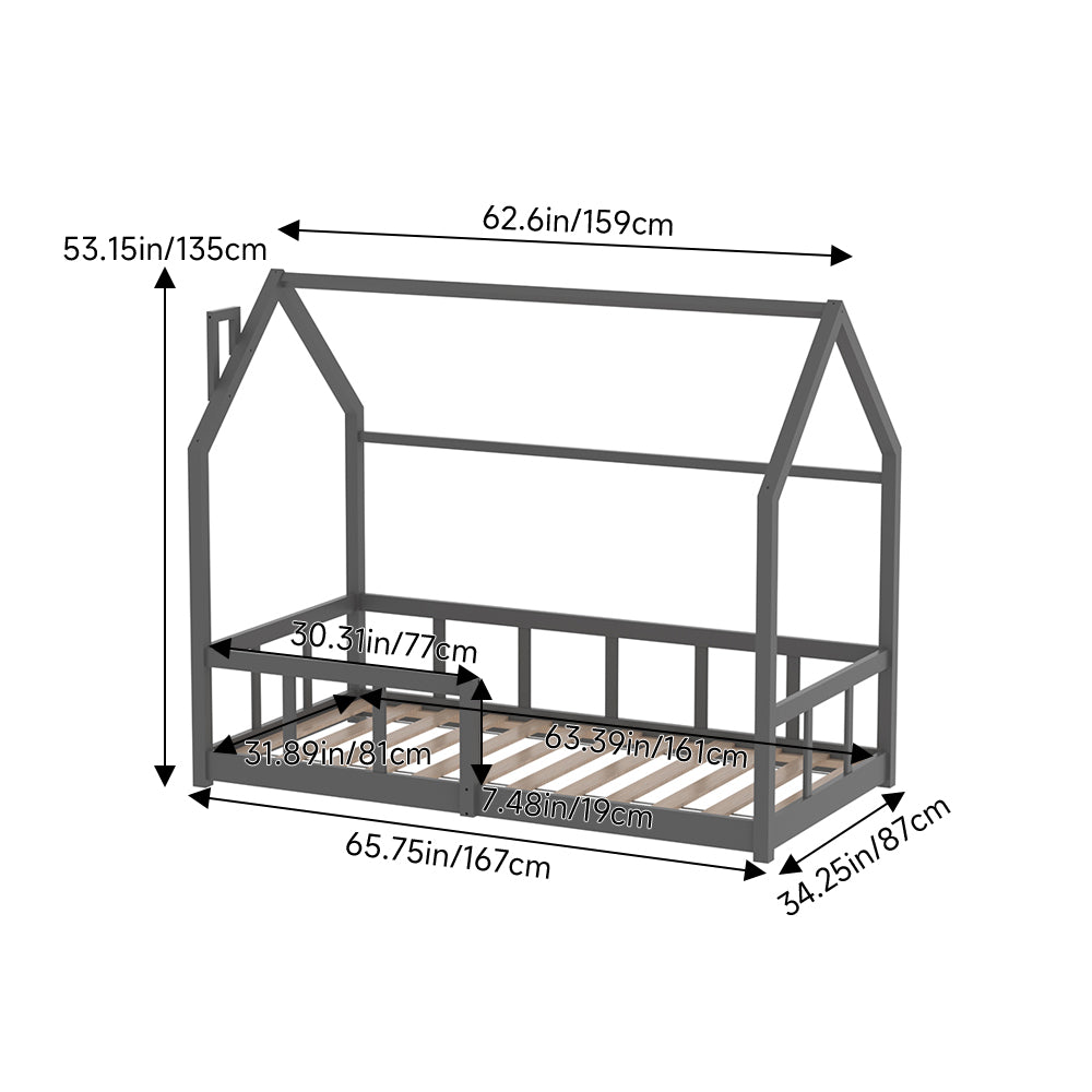 Kids Pine Wood House Bed Frame With Guardrails – 160cm X 80cm Low Design Single Toddler Bed For Safe And Fun Sleep | Grey