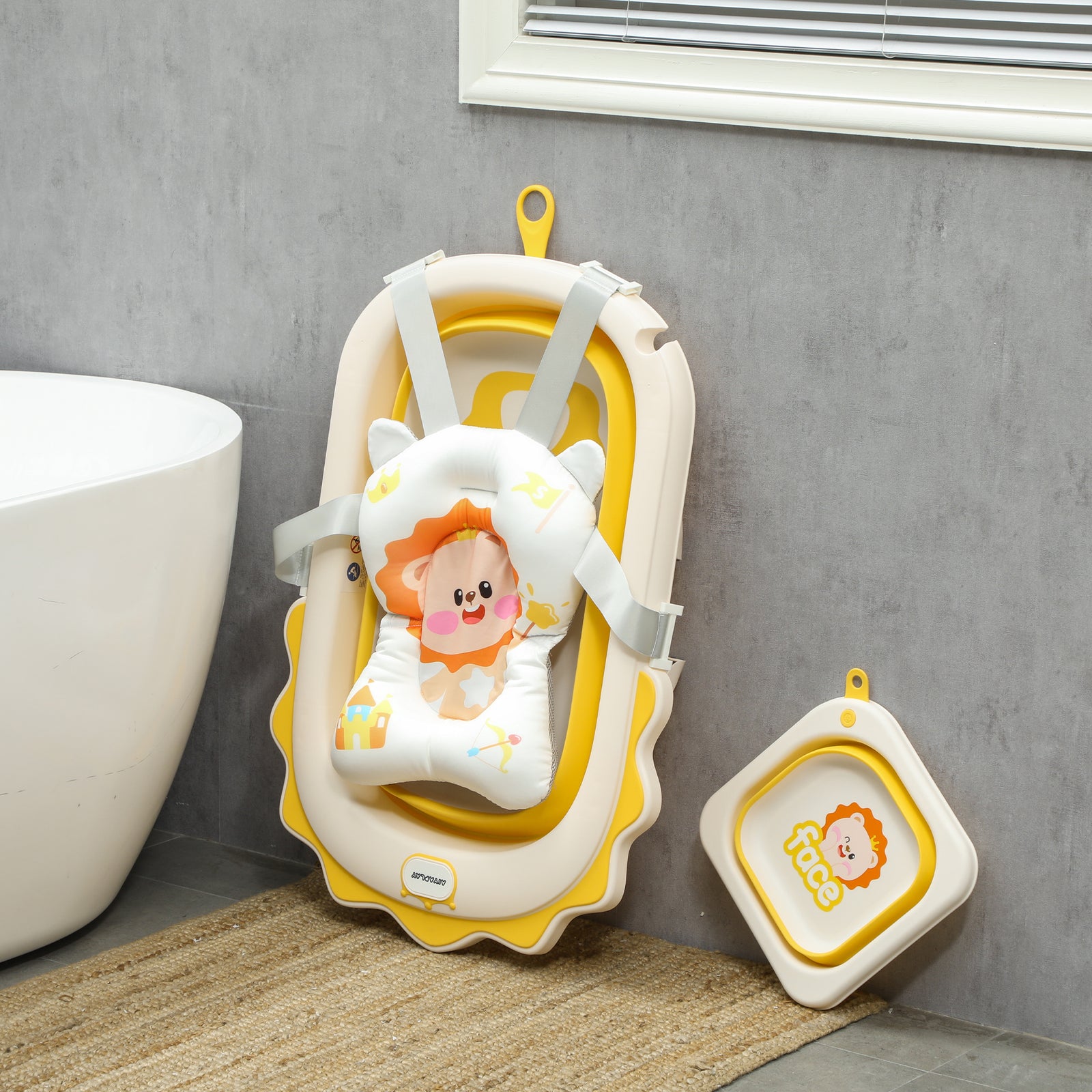 Aiyaplay Foldable Baby Bath Tub Set With Bath Cushion, Wash Basin, Yellow