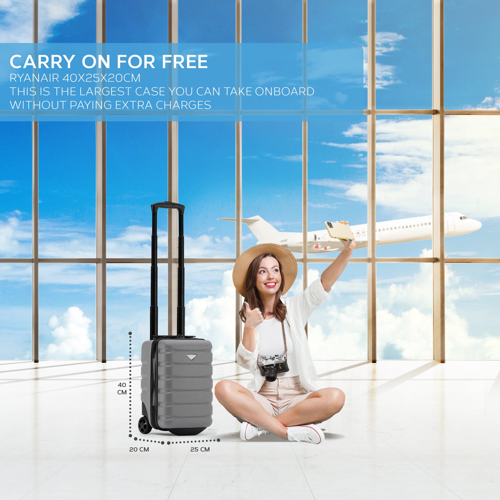 40x20x25cm Hard Case Cabin Suitcase Ryanair Free Approved Carry On | Cabin | Grey