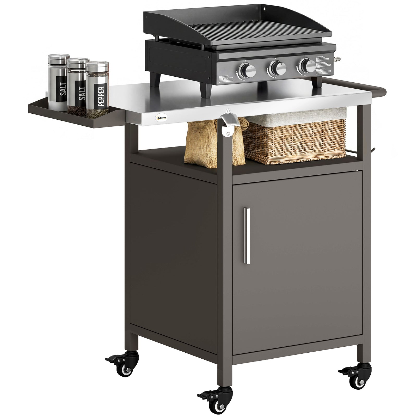 Outsunny Outdoor Grill Cart With Cabinet, Food Prep Table On Wheels, Brown