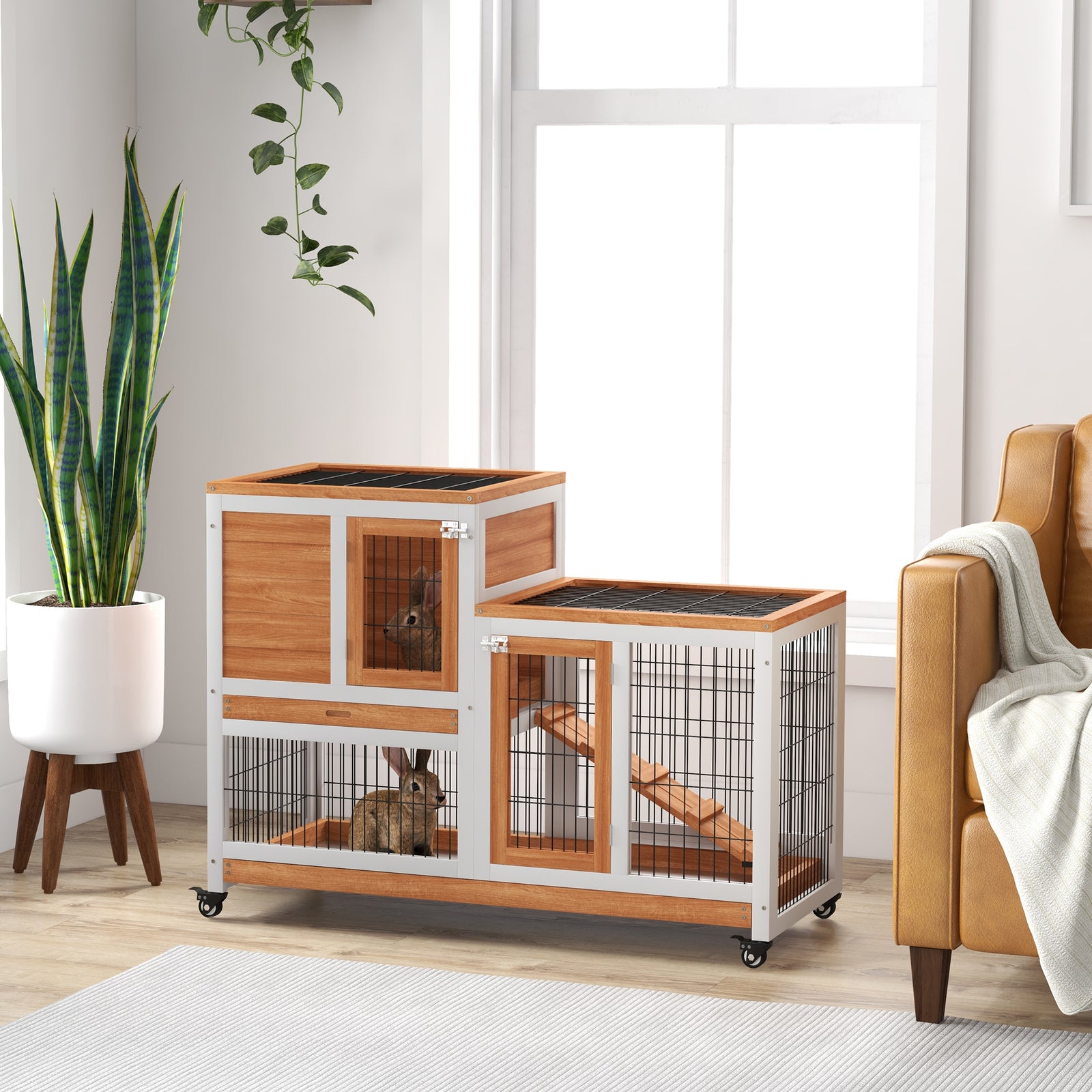 Wooden Indoor Rabbit Hutch Elevated Bunny Cage With Enclosed Run W/ Wheel | Yellow