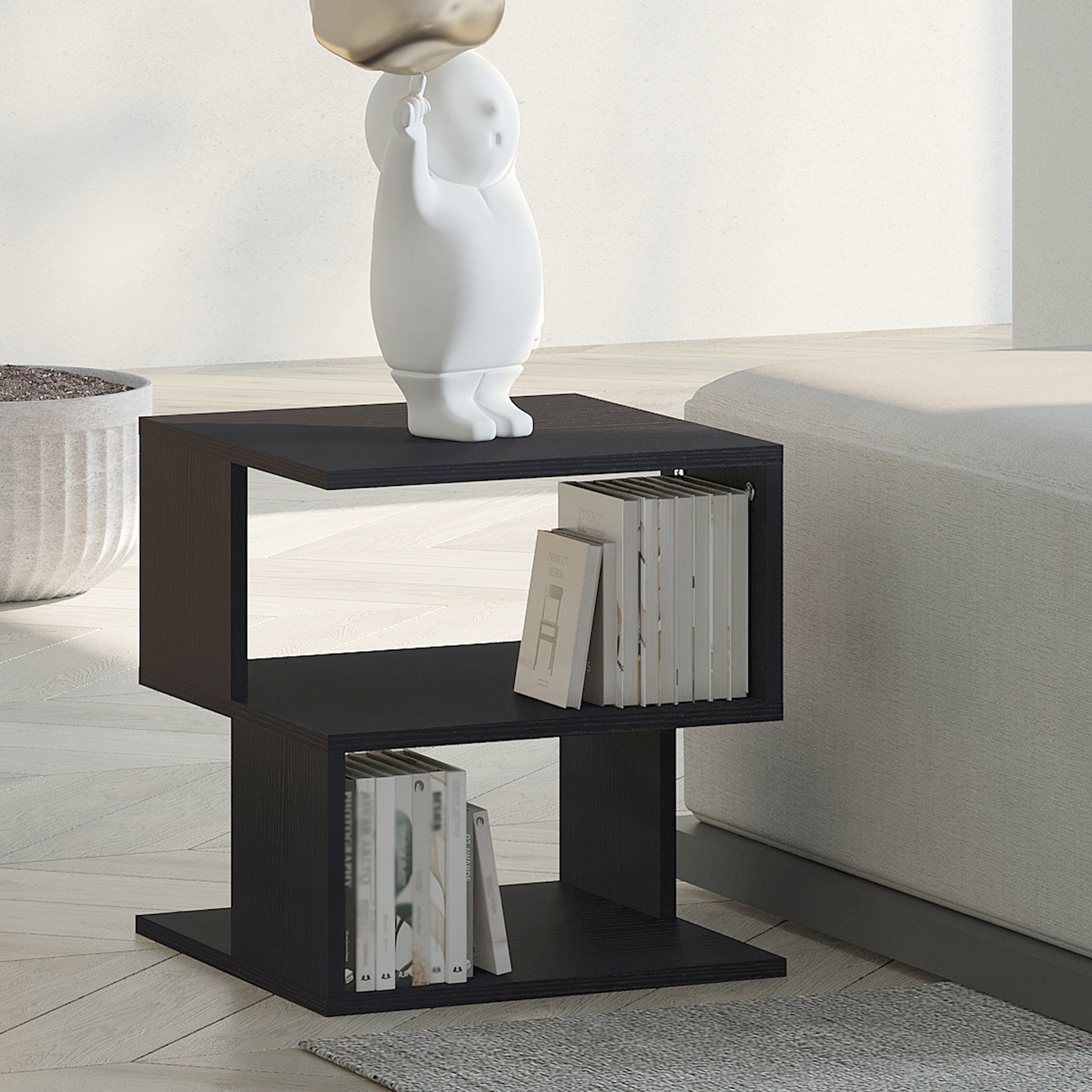 Square 2 Tier Wood Coffee Side Table Storage Shelf Rack | Black