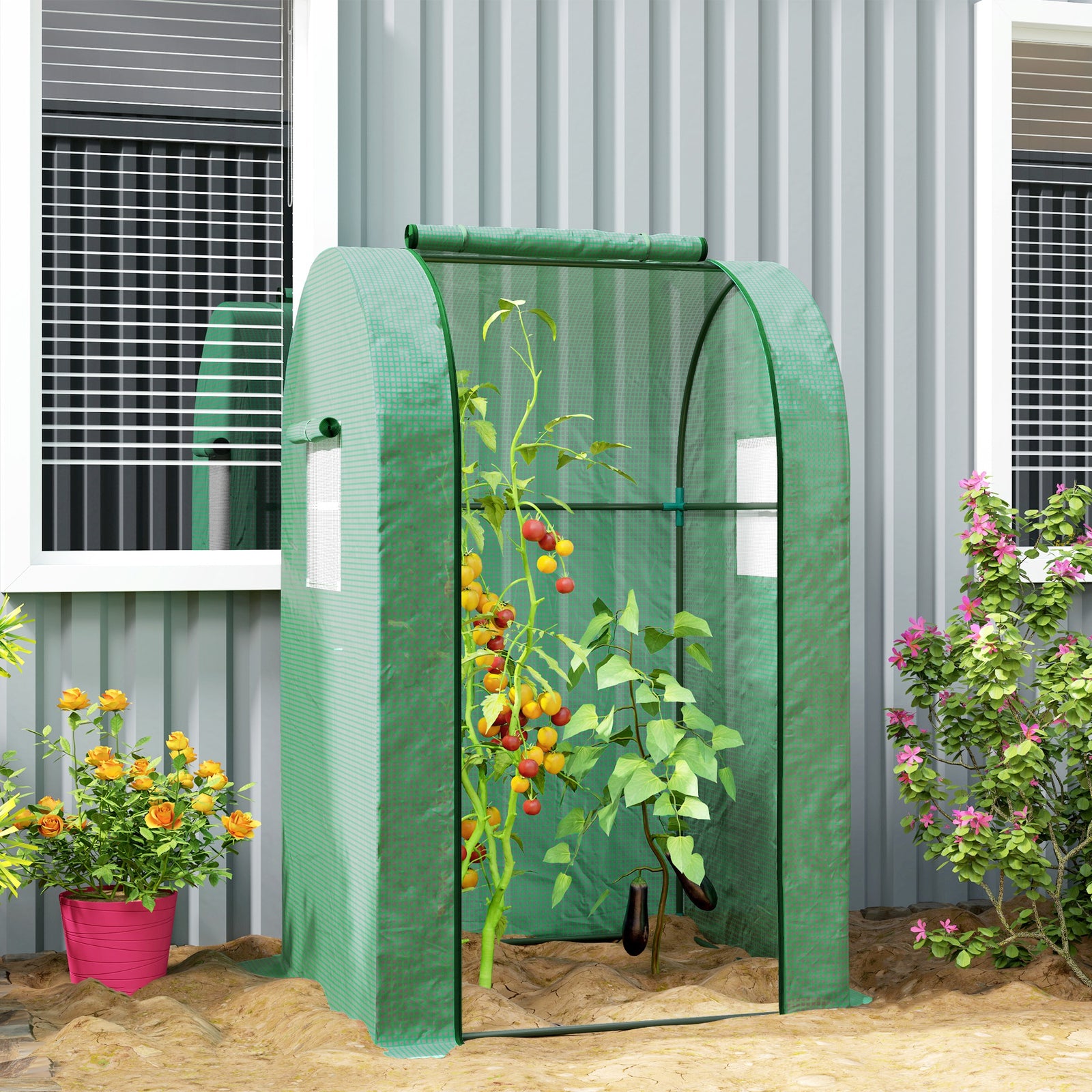 Tomato Greenhouse, Roll-up Door, Mesh Windows | Green
