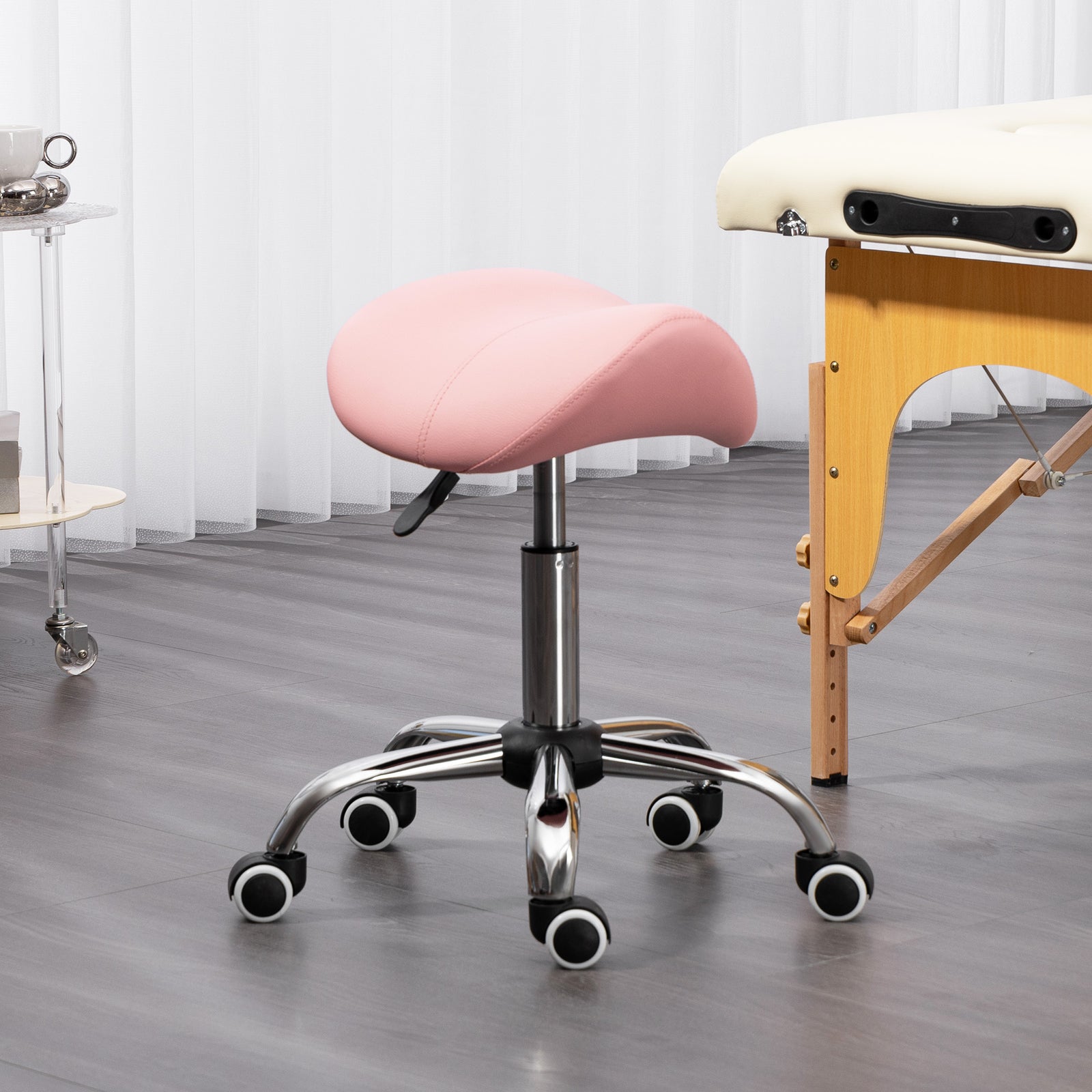 Pu Leather Saddle Stool W/ Moulded Padded Seat Adjustable | One Size | Pink