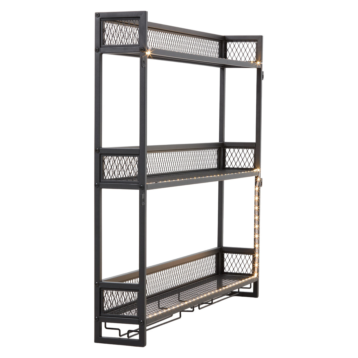 3-tier Wall-mounted Metal Wine Rack With Stemware Holders & Led Strip
