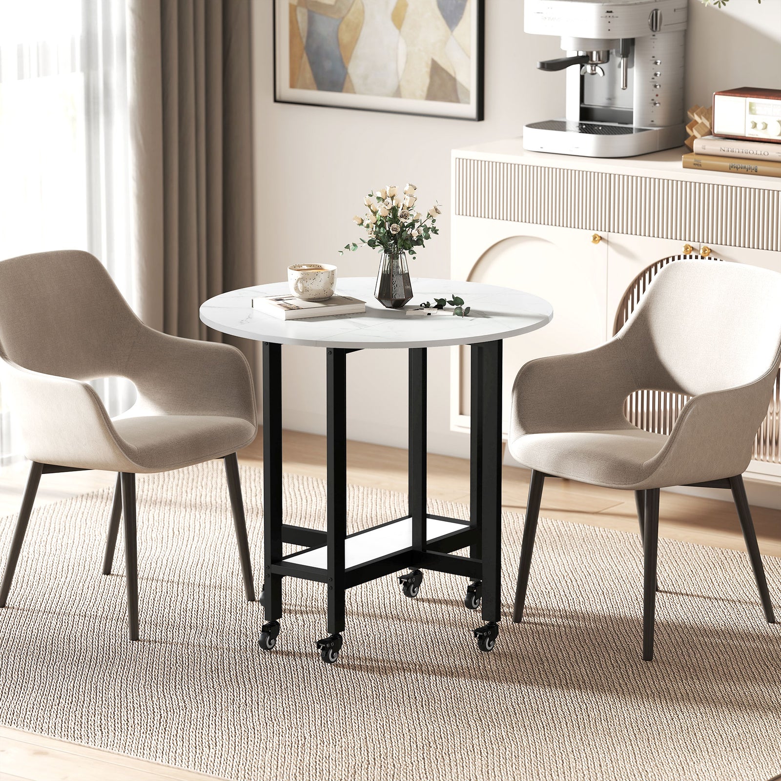 Folding Dining Table, Drop Leaf Table With Open Shelf, White Marble | M | White