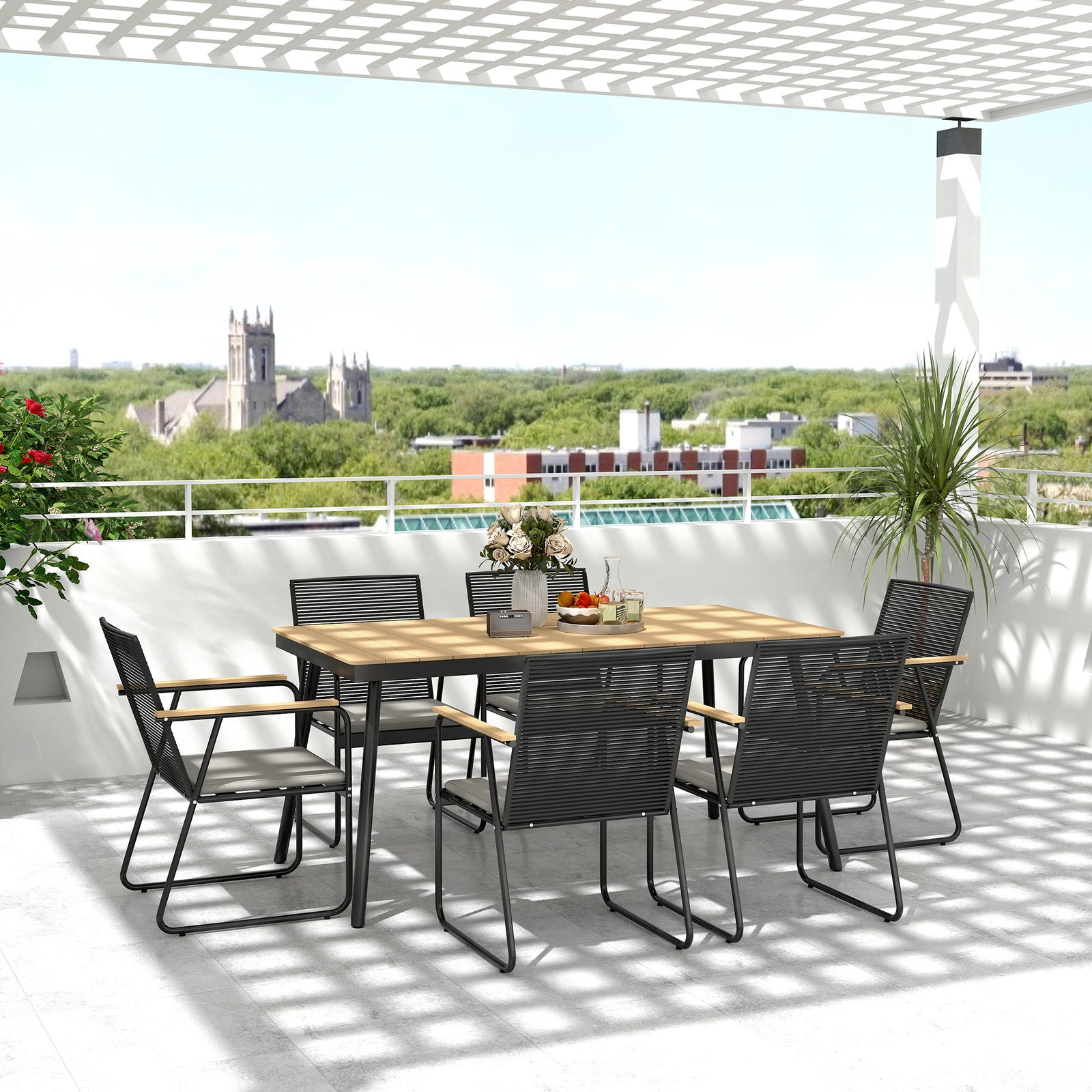 6 Seater Garden Dining Set With Cushions Rattan Backrest | Natural