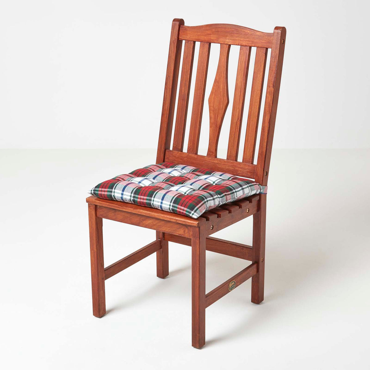 Tartan Check Seat Pad With Button Straps 100% Cotton, 40 X 40 Cm | Set of 1 | Red