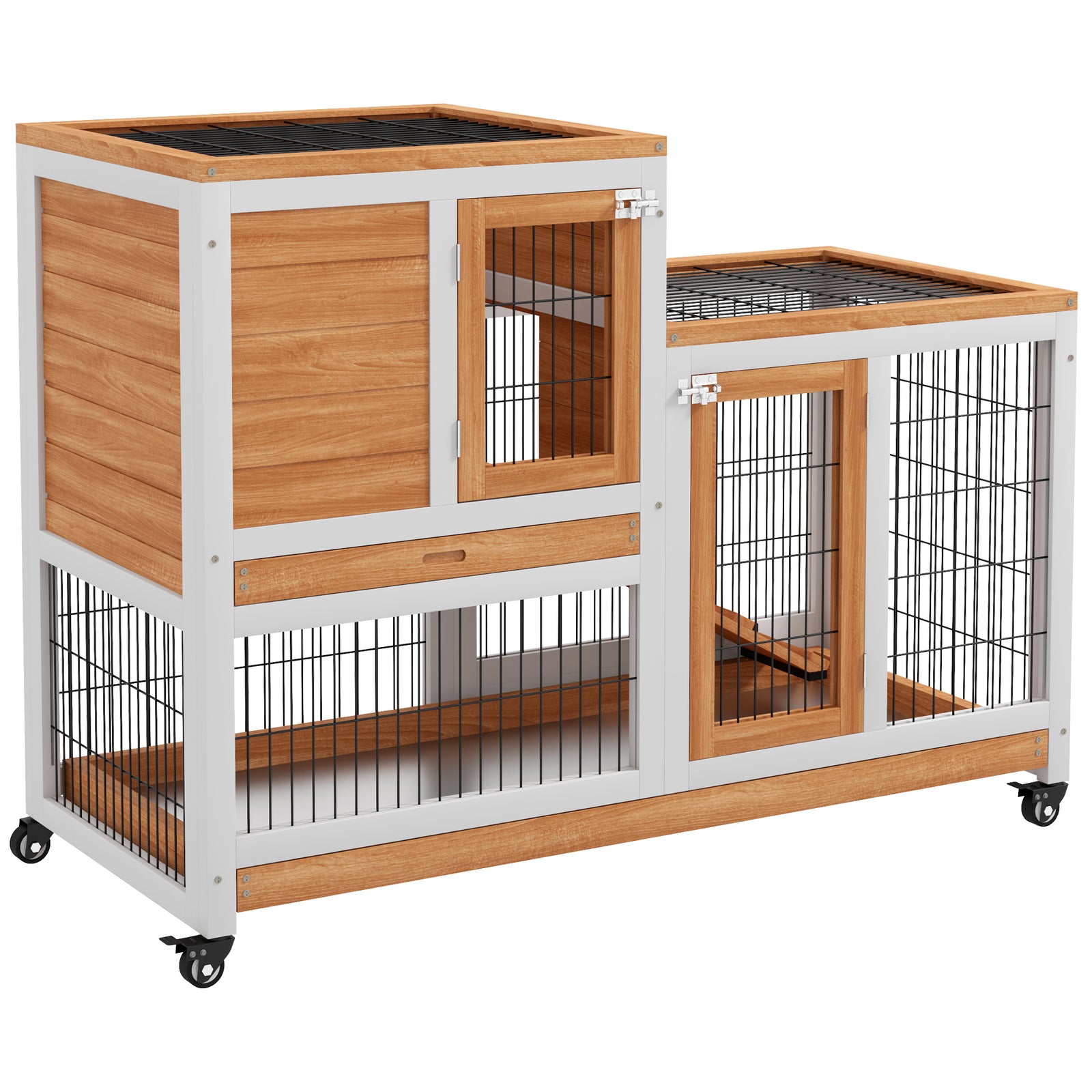 Wooden Indoor Rabbit Hutch Elevated Bunny Cage With Enclosed Run W/ Wheel | Yellow