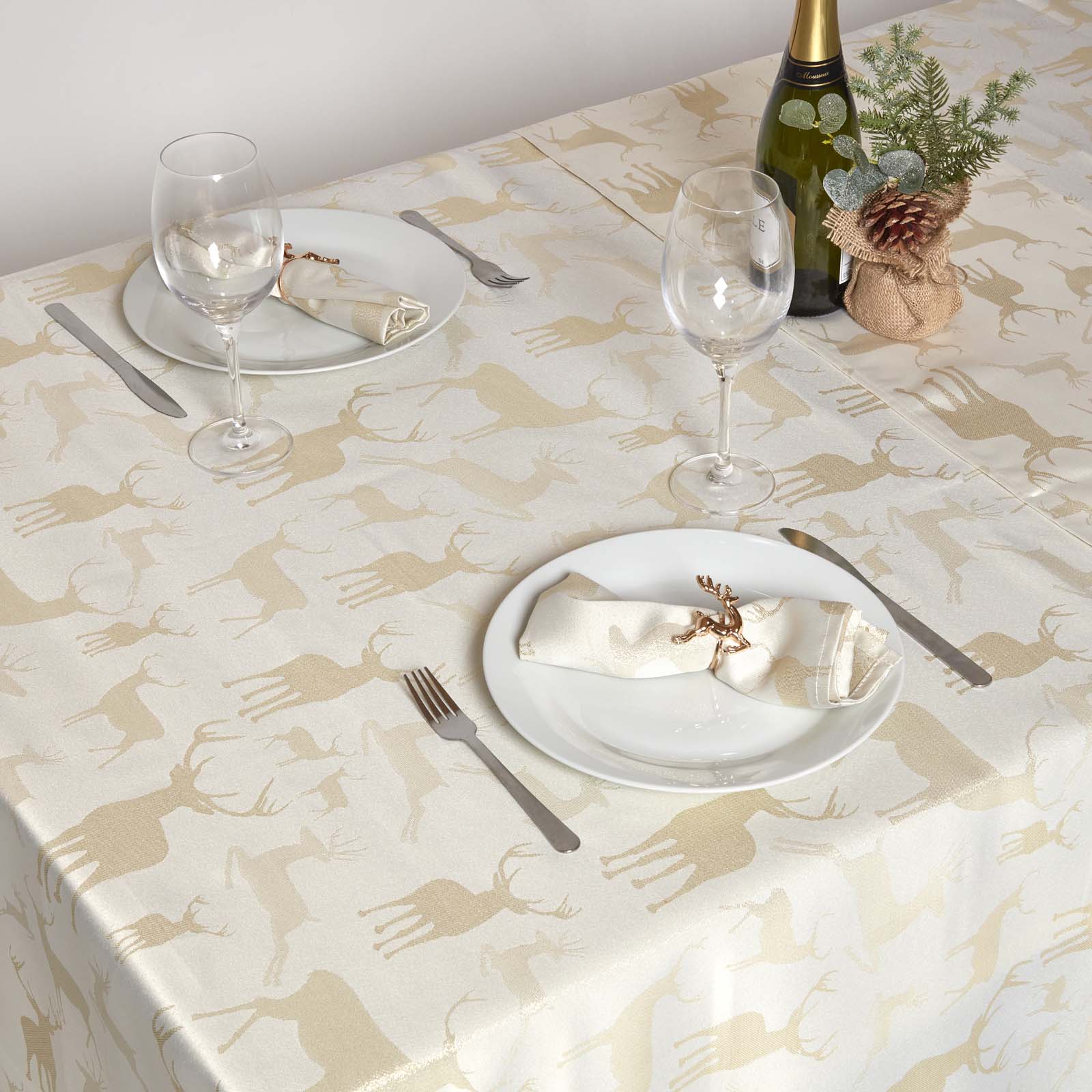 Sparkling Stag Pattern Christmas Table Cloth | 132 x 229cm | Gold
