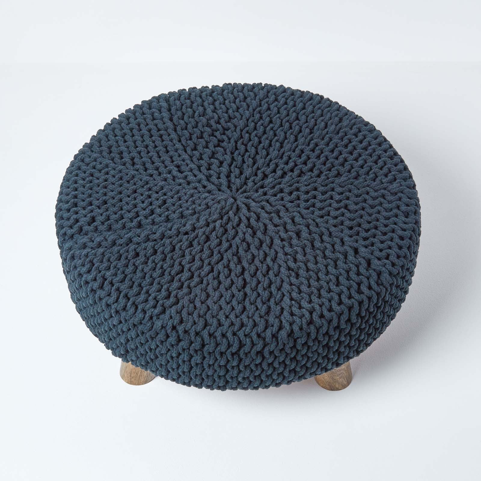 HOMESCAPES Black Large Round Cotton Knitted Footstool On Legs