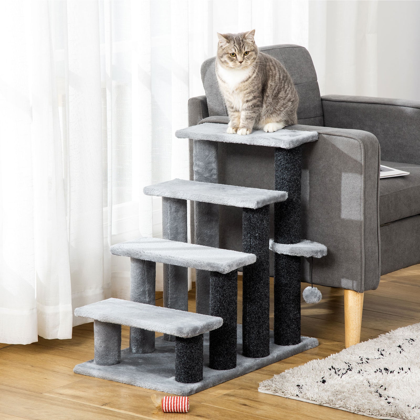 Pet Stairs With 3/4-step Stair, Scratching Posts, Platforms, Toy Ball | Large | Gray