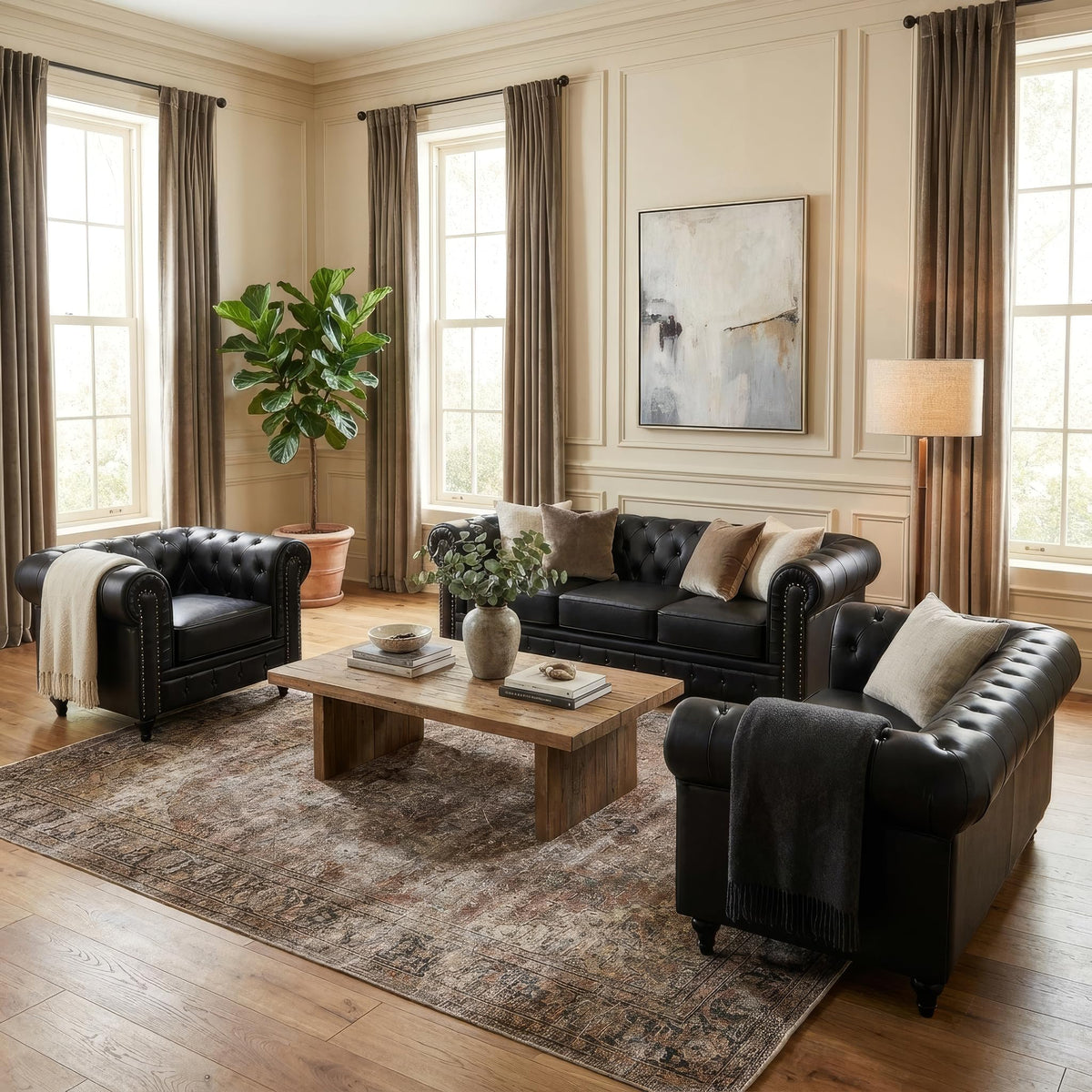 Chesterfield Scroll Arm Faux Leather Sofa 3 Seater | Black