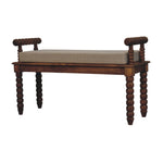Artisan Furniture Solid Wood Spindle Amber Linen Bench, Upholstered