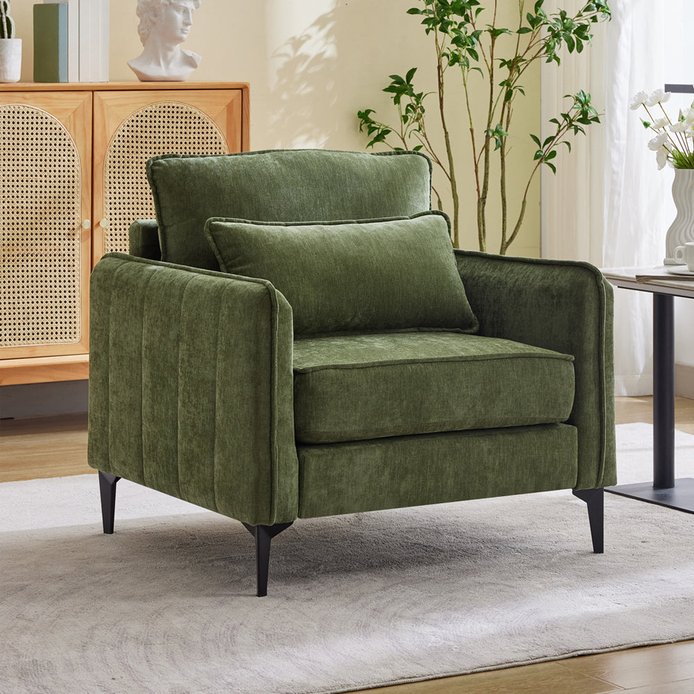 Modern Chenille Upholstered Armchair – Green Single Sofa With Cushions & Sturdy Legs