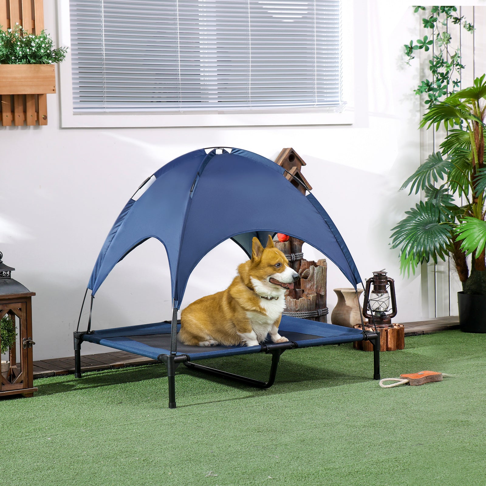 Pawhut 92cm Elevated Dog Bed Cooling Raised Pet Cot Uv Protection Canopy | Blue